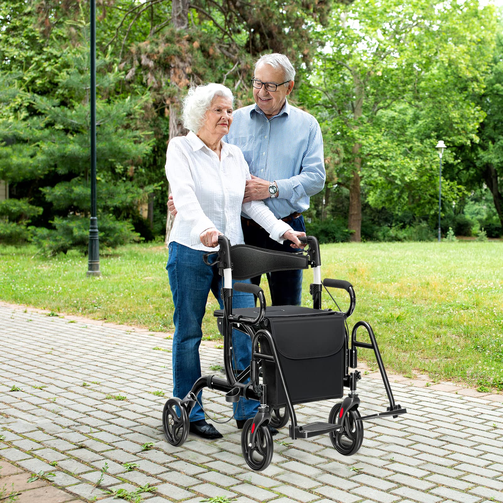 GYMAX Deambulatore 2-in-1 con Sella, Passeggio per Anziani Pieghevole con Altezza Regolabile, Borsa di Stoccaggio Rimovibile, Sedia a Rotelle in Alluminio Leggera, Nero