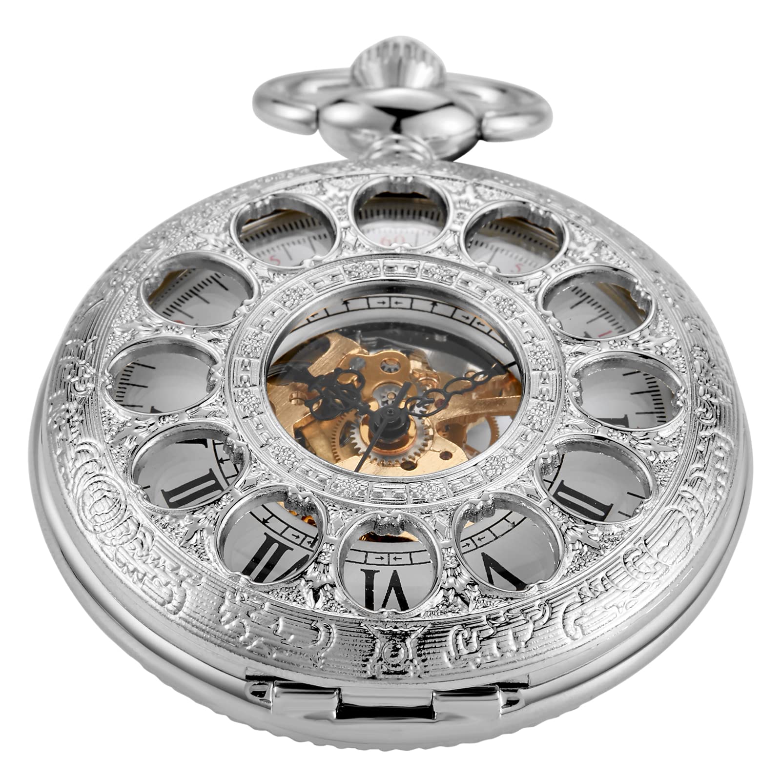 Classic Silver Mechanical Pocket Watch with Chain Box for Men