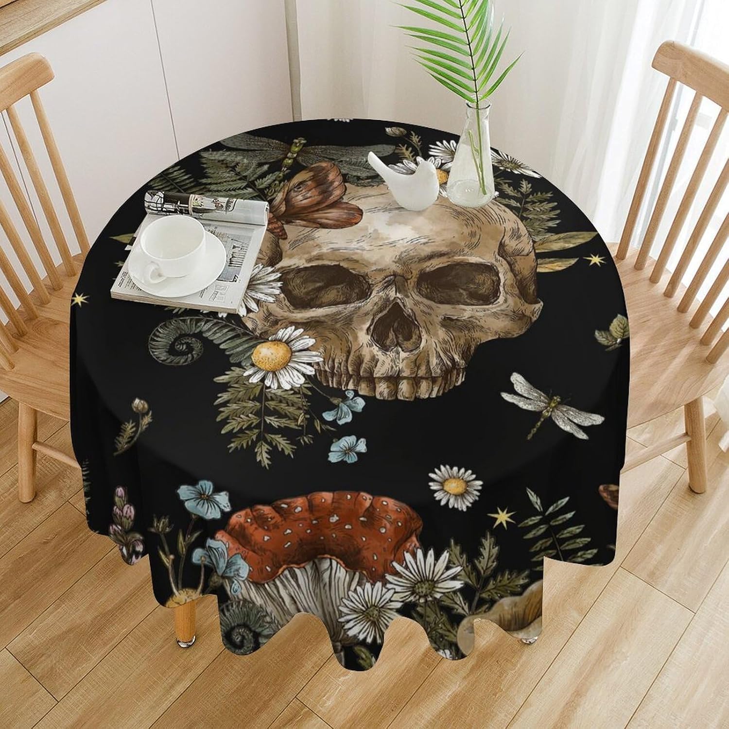 Gothic Skull Round Tablecloth, Mushroom Floral Moon Skeleton Butterfly Botanical Vintage Bohemian Print Tablecloth for Home Party Dining Room Kitchen Decor 70Inch(178cm)