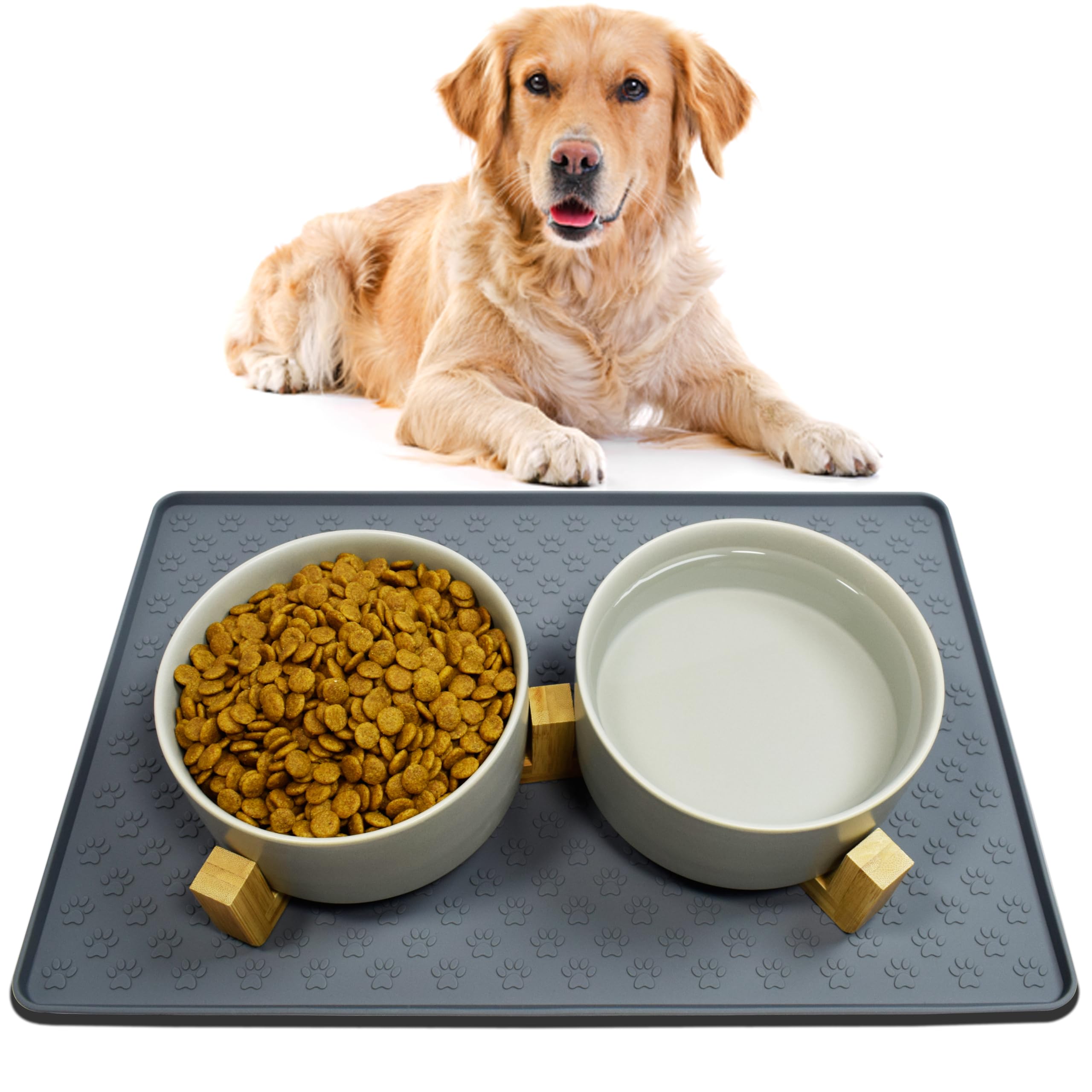 Comedero Perro de Cerámica, Cuenco y Bebedero con Soporte de Bambú y Alfombrilla Antideslizante para Perros Medianos (850 ml, 2 Gris)