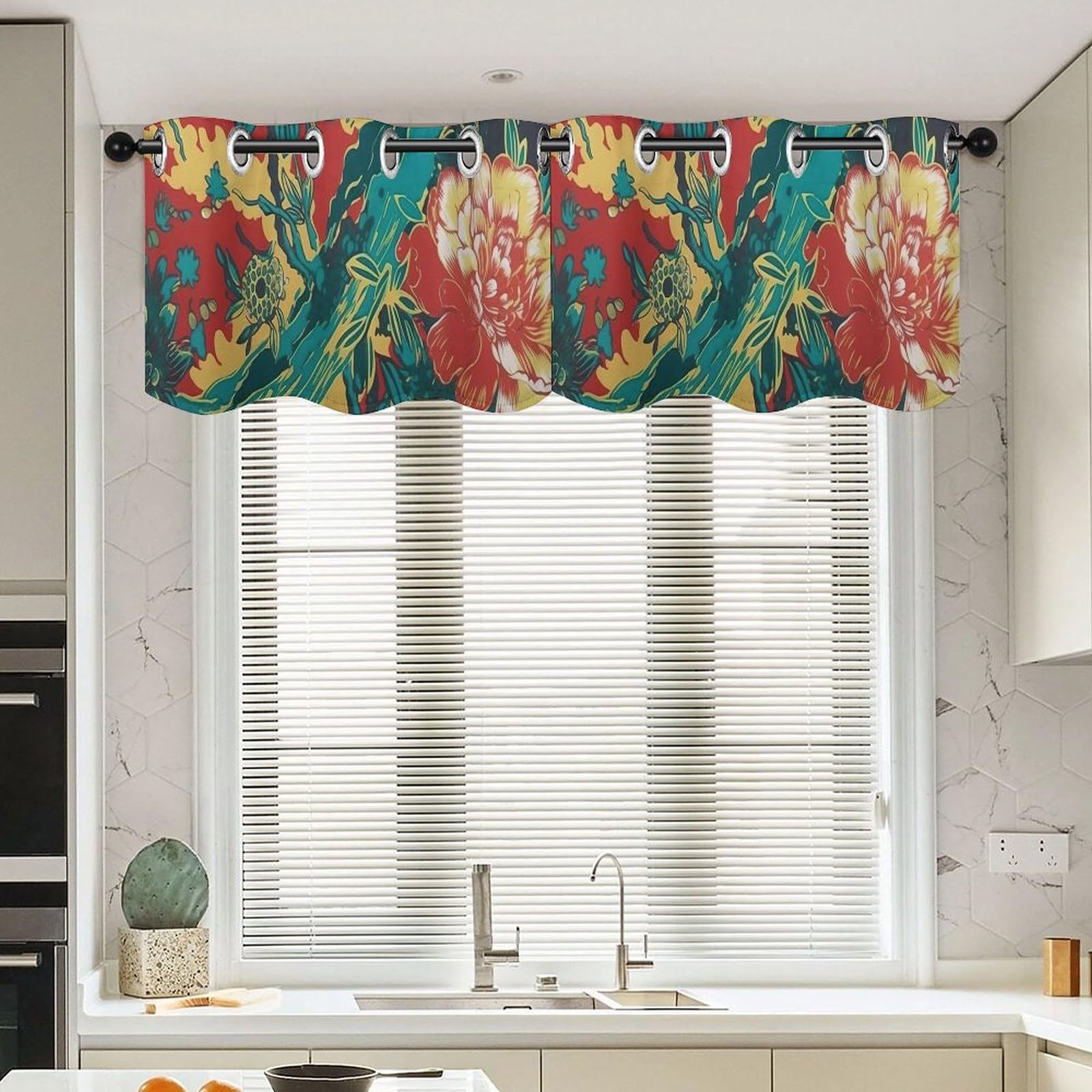 Cortinas de flores rojas Chinoiserie: cenefa de ventana para sala de estar de 52 x 18 pulgadas