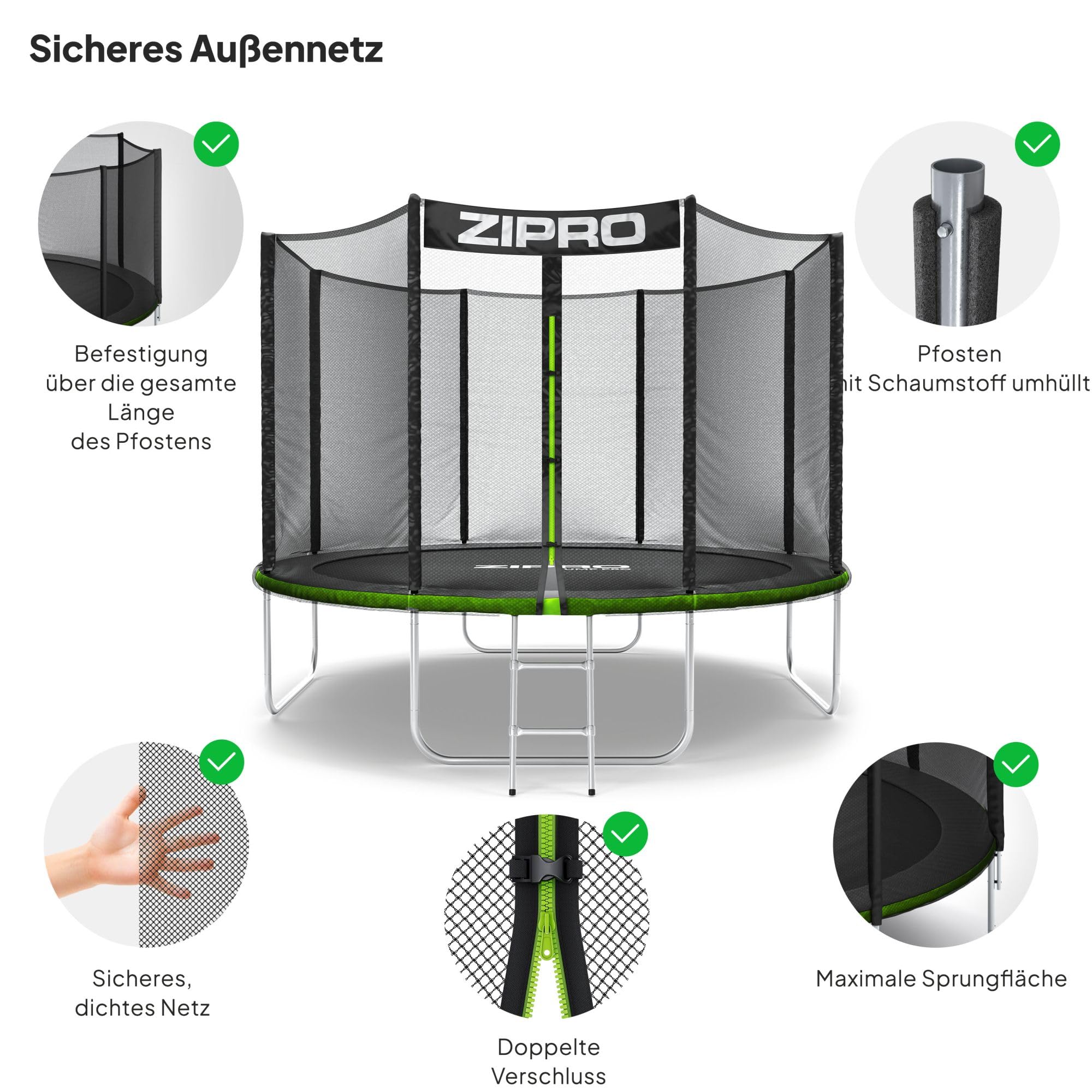 ZIPRO JumpPro Out Trampolin Outdoor, Gartentrampolin für Kinder, mit Außennetz, Wetterfest, UV-Schutz, Einfache Montage, Belastbar