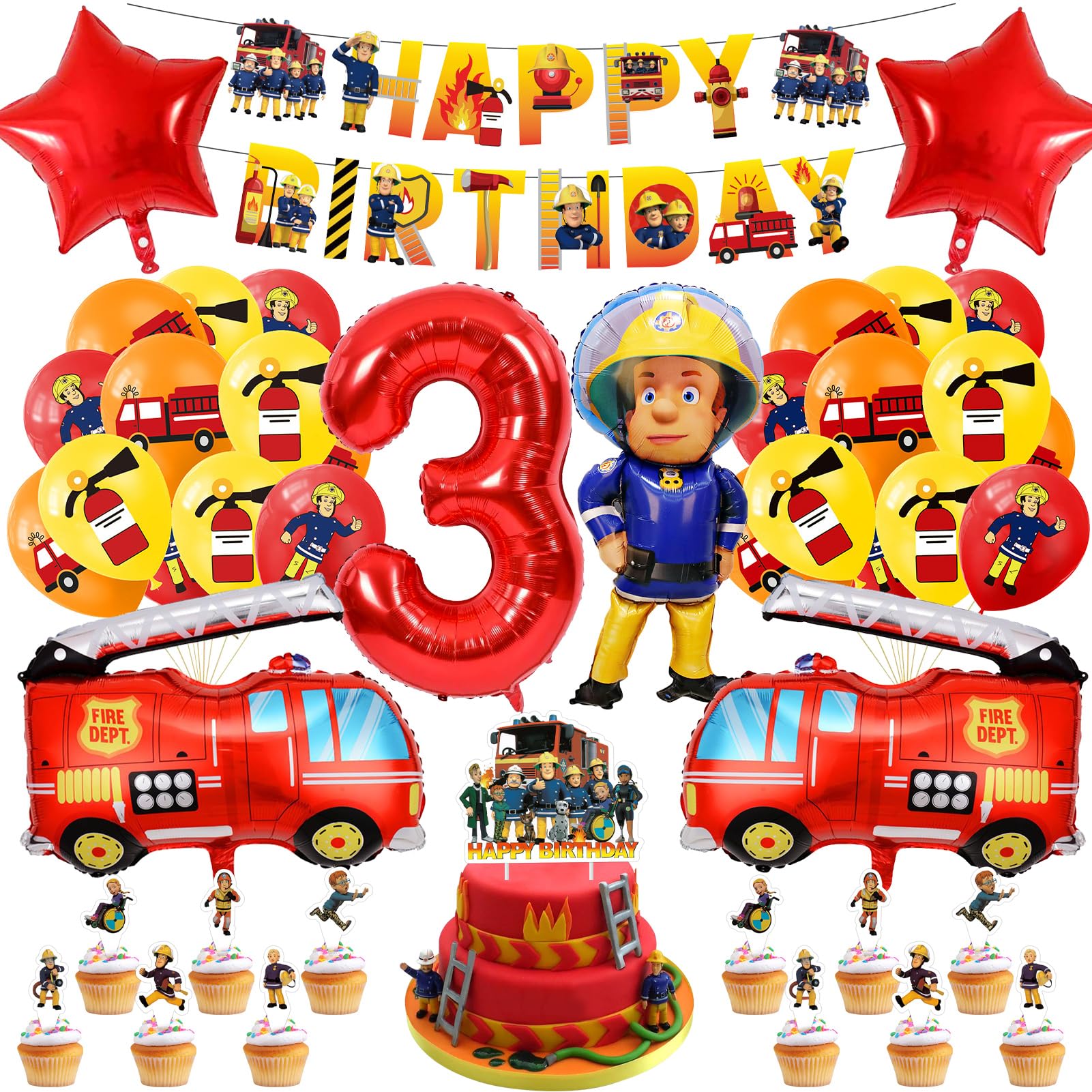 Feuerwehr Geburtstag Deko 3 Jahre 32 Stück, Feuerwehrauto 3 Geburtstag Luftballon, Kindergeburtstag Feuerwehrauto Deko, Feuerwehrmann Geburtstagsdeko, Geburtstagsdeko 3 Jahre Junge