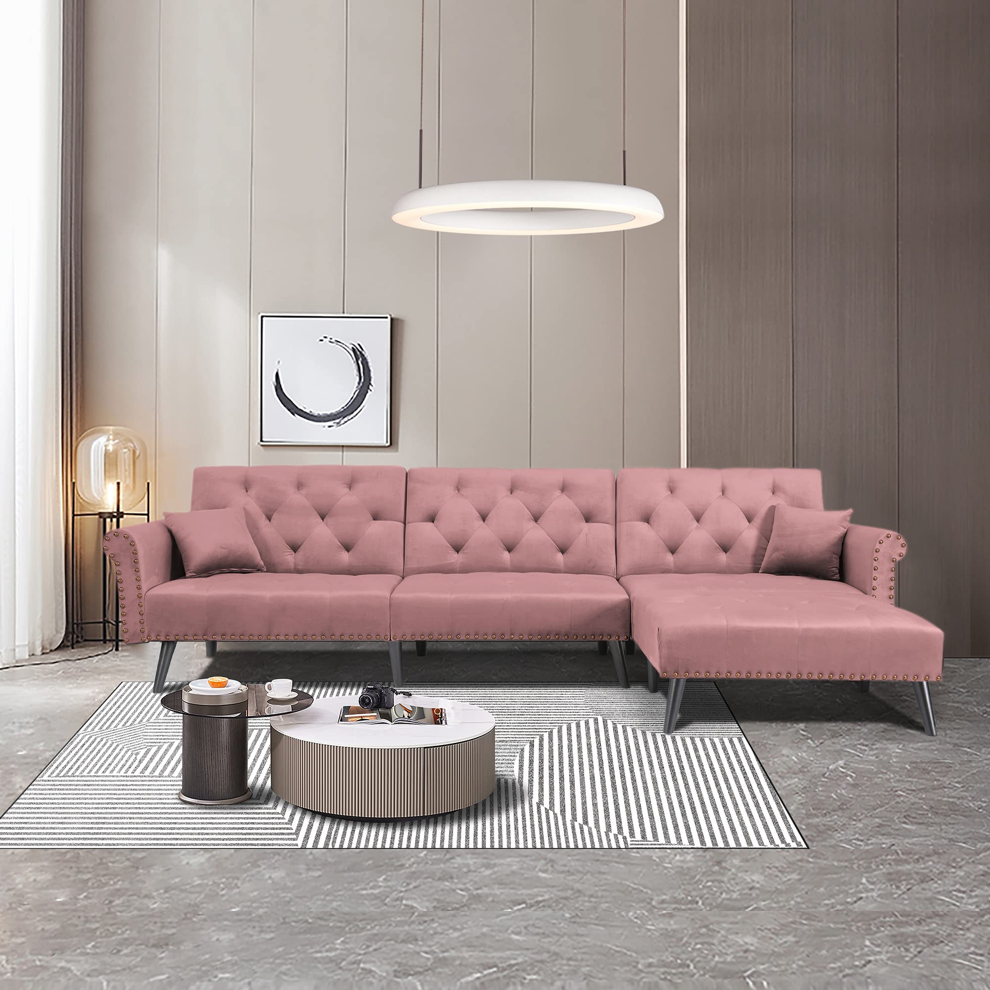 POCIYIHOME Right Hand Facing Sectional Sofa with Velvet Button Tufted, L Shape Chaise with Nail Head Detail, Conical Wood Leg, 2 Pillows, Modern & Elegant, Home Furniture for Living Room,Office, Pink