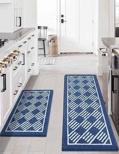 DEXI Juego de alfombras de cocina suaves, lavables, antideslizantes, para comedor, 17 x 29 + 17 x 47 pulgadas, color azul