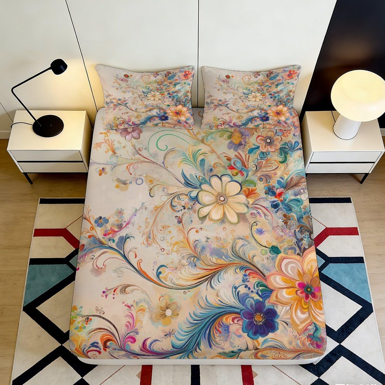 Pnayamiorkfel Style-9 3D Printed Colorful Floral Fitted Sheet Microfiber Soft Breathable Artistic Botanical Bed Sheet For Bedroom Decor 90X200x25cm