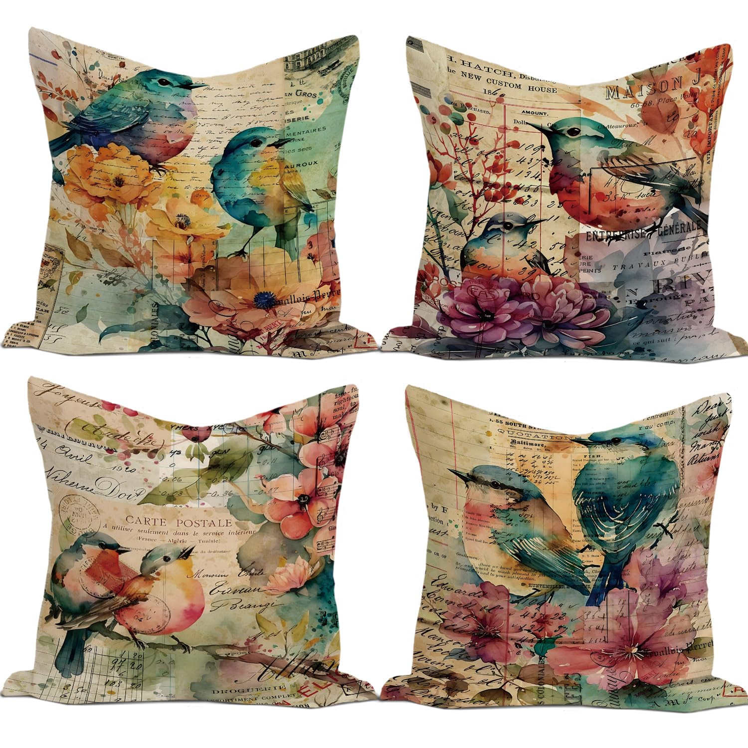 Rusenbao Chinoiserie Vintage Bird Pillow Covers 18x18 Set of 4 Rustic Classical Cottagecore Vintage Bird Flower Decorative Farmhouse