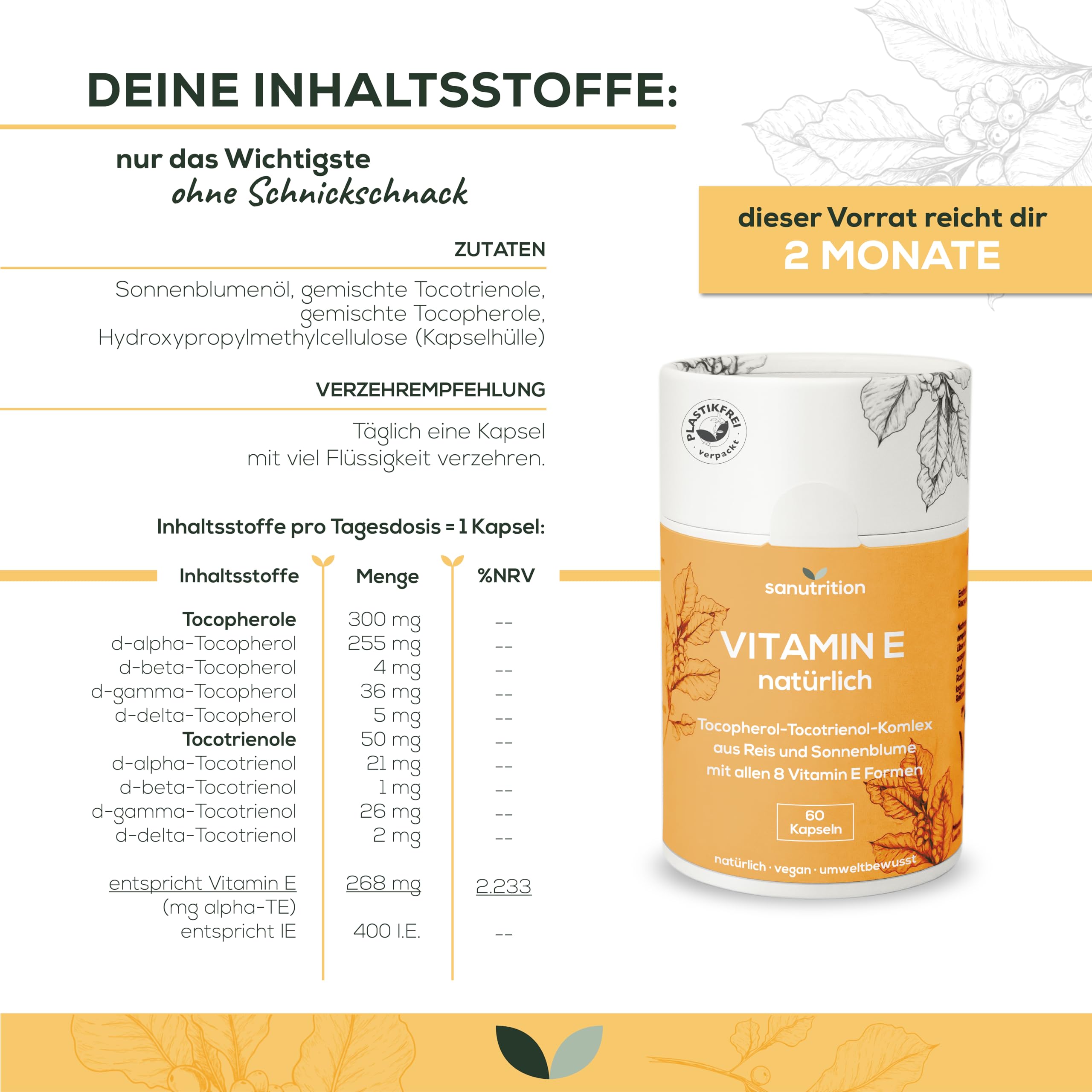 Vitamin E natürlich 400 IE pro Kapsel | 60 Kapseln | Mit allen 8 Vitamin E-Formen | Vegan aus Sonnenblume | 100% Papierverpackung