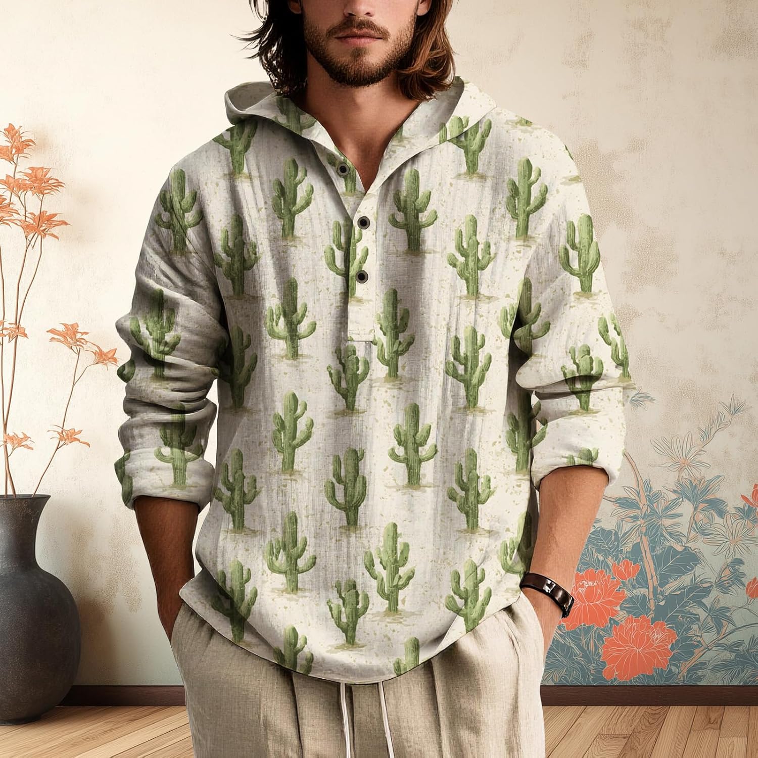 Mens Hooded Floral Button Down Shirt Long Sleeve Lightweight Relaxed Fit Nature Inspired Top for Spring - Image 5