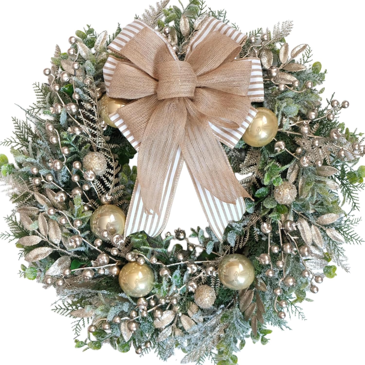 24 Inch Christmas Champagne Leaves Berries Wreath for Front Door, Rustic Farmhouse Xmas Large Door Wreath for Indoor Outdoor, Christmas Gold Balls Wreaths for Home Decor