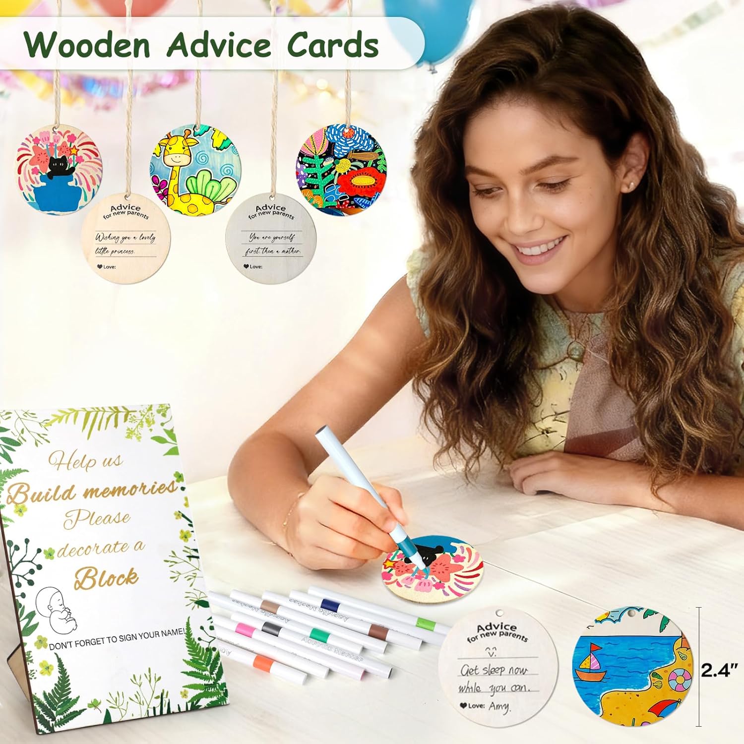144 Pcs Baby Shower Game Sign Kit, Baby Shower Blocks Games Sets, Includes 50 DIY Blank Wooden Blocks, 41 Stencils, 36 Paint Markers, 15 Advice Cards, 1 Storage Box and 1 Wooden Sign