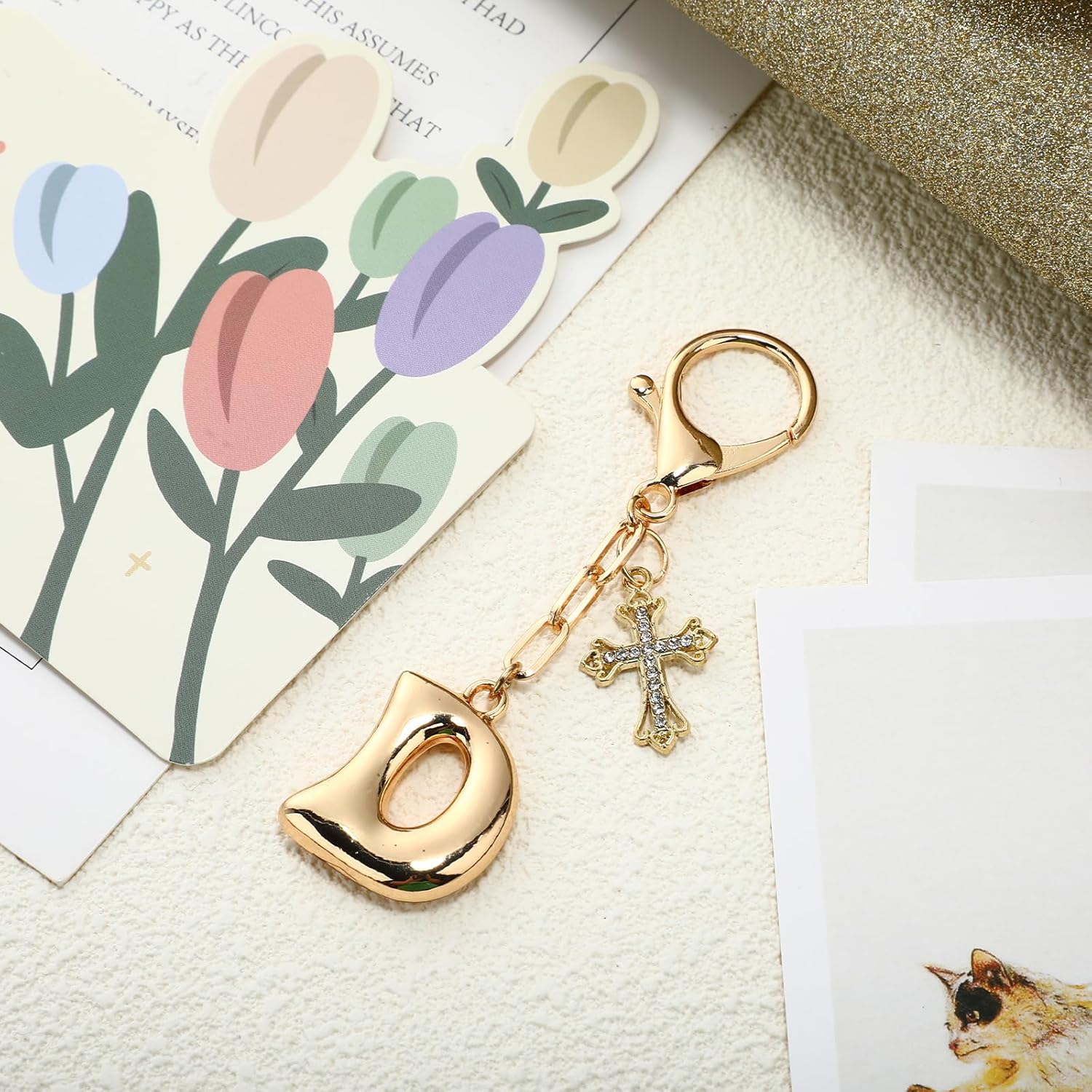 Bubble Initial Keychain with Cross - Gold Letter Bag Charms for Women, Cute Purse Charms & Handbag Accessories - Image 3