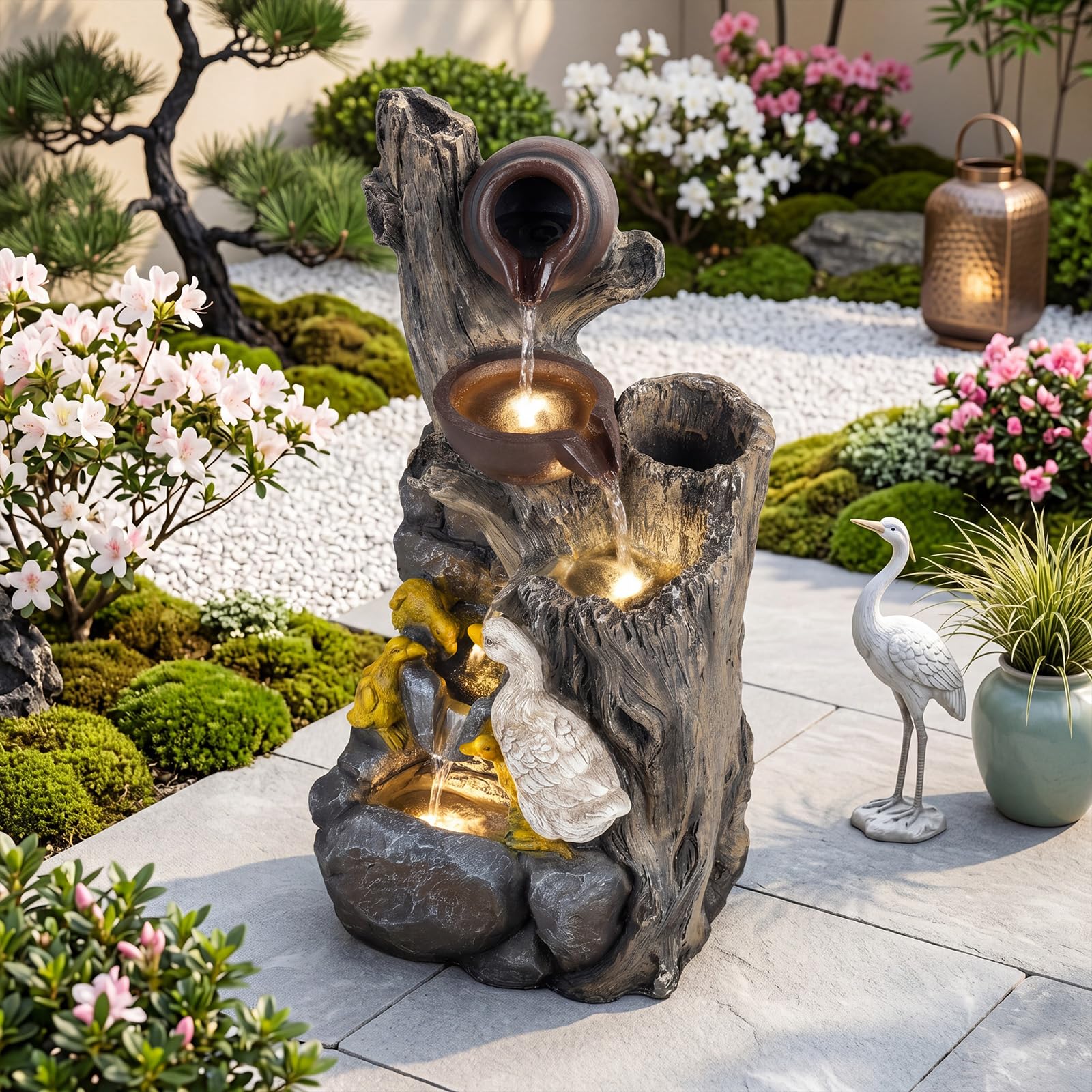 HOMASIS Gartenbrunnen, 57 cm Terrassenbrunnen mit LED-Beleuchtung | Springbrunnen wetterfest aus Kunstharz mit Pumpe, Wasserbrunnen mit Teekannen, Steinoptik & Enten für Garten & Terrasse