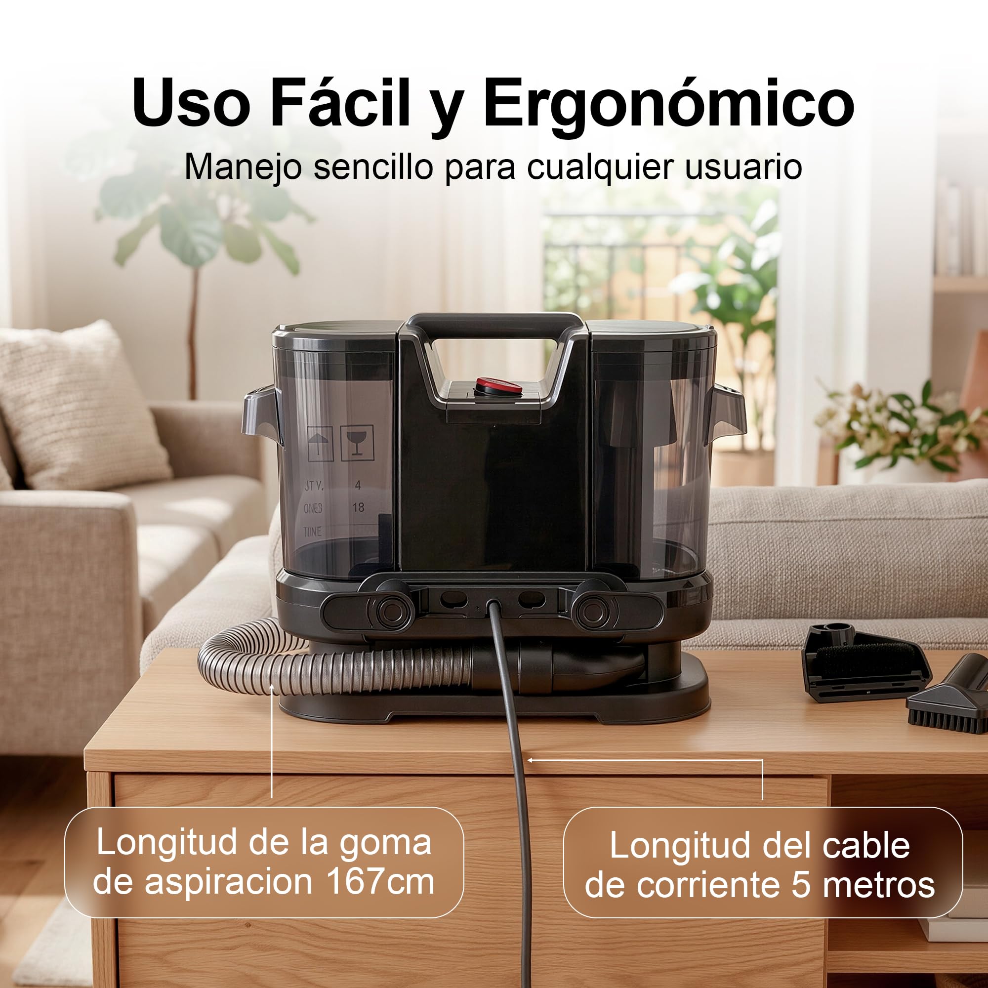 Aspirador de Agua | Limpiador Tapicerías Profesional | 450W Potente Succión | Limpieza en Seco y Húmedo | Cable de 5 metros | Sofás Alfombras Coches | Depósito Doble 1.8L + 0.8L | Aspiradora Portátil