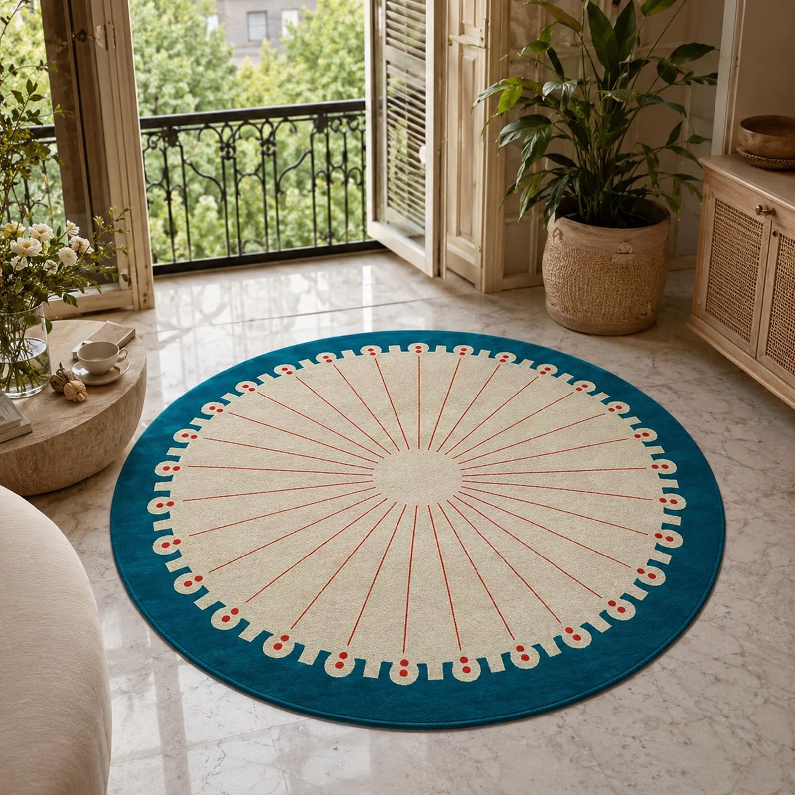 Tapis rond bleu beige rouge 100 cm | Tapis de sol géométrique chambre adulte