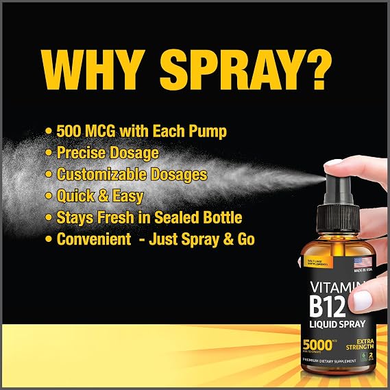 Vitamin B12 Sublingual Spray 5000 mcg Vegan Methylcobalamin Liquid B12 Boost Energy, Mood & Brain Health - Gluten-Free, Non-GMO B12 Spray for Men & Women - Easy Dosage (5000 mcg in 10 Sprays)