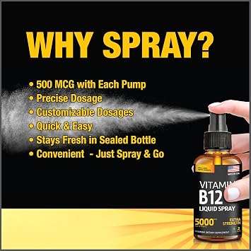 Vitamin B12 Sublingual Spray 5000 mcg Vegan Methylcobalamin Liquid B12 Boost Energy, Mood & Brain Health - Gluten-Free, Non-GMO B12 Spray for Men & Women - Easy Dosage (5000 mcg in 10 Sprays)