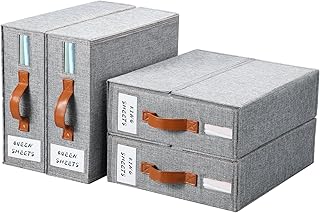 Yecaye 4 Pack Bed Sheet Organizer, Foldable Linen Closet Organizers and Storage (Queen & King Size) with Window & Label, Bedding Storage Box for Bedsheets, Duvet Covers and Pillow, Grey