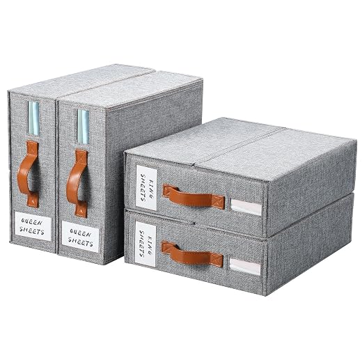 Yecaye 4 Pack Bed Sheet Organizer, Foldable Linen Closet Organizers and Storage, Sheets Set Organizer (Queen & King Size) with Window, Bedding Storage Box for Bedsheets, Duvet Covers and Pillow