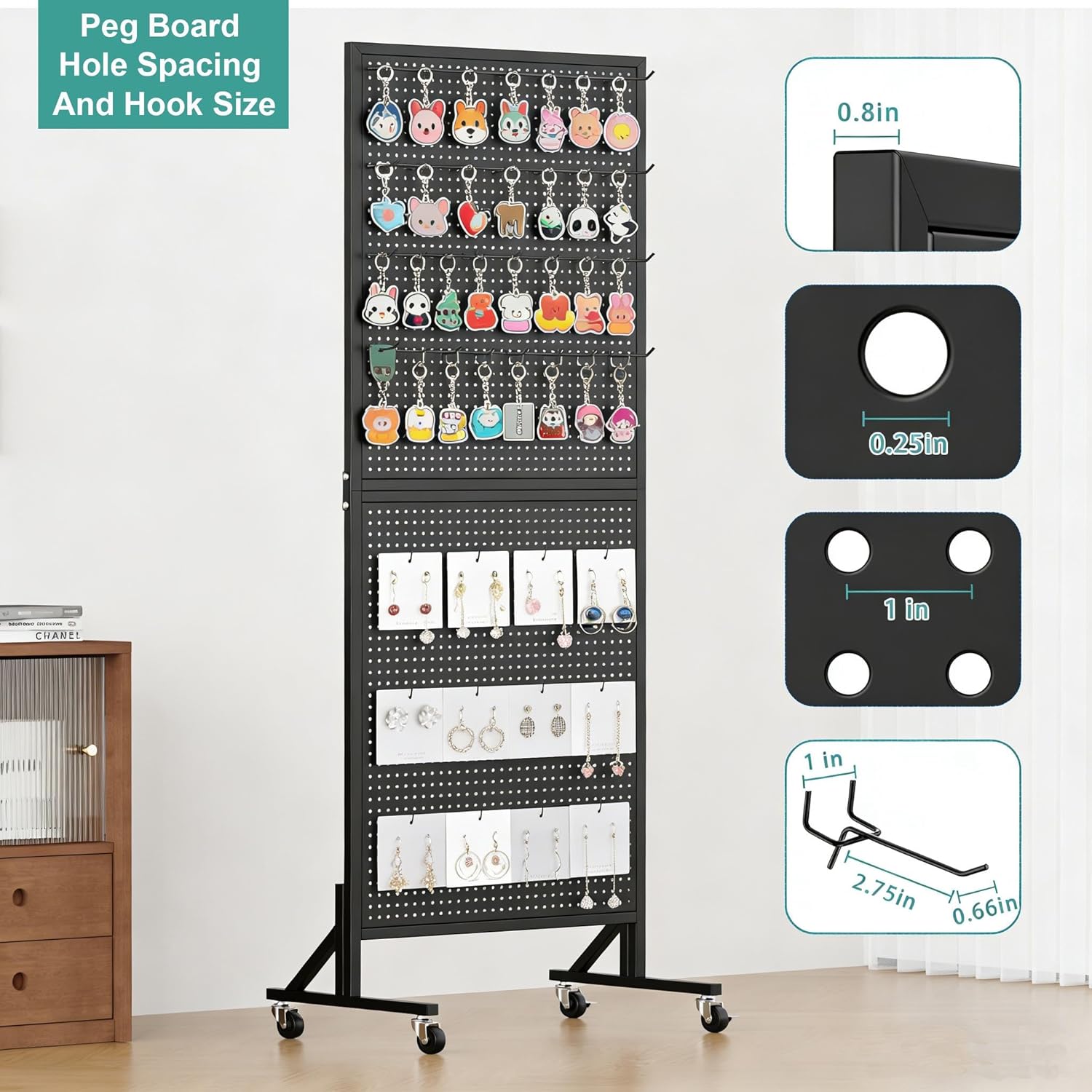 Peg Board Display Stand 24" X70” Metal Pegboard on Wheels Standing Rack Organizer Panels Units with 30 Hooks and T-Base for Ornament Retail & Vendors Craft Show Store Display