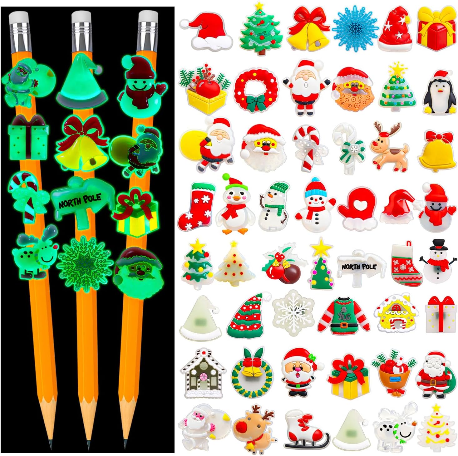 WDAHDHP Christmas Glow in the Dark Pencil Clips, 50Pcs Cute Luminous Pencil Charms Topper for Kids Students School Gifts Classroom Rewards