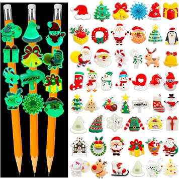 WDAHDHP Christmas Glow in the Dark Pencil Clips, 50Pcs Cute Luminous Pencil Charms Topper for Kids Students School Gifts Classroom Rewards