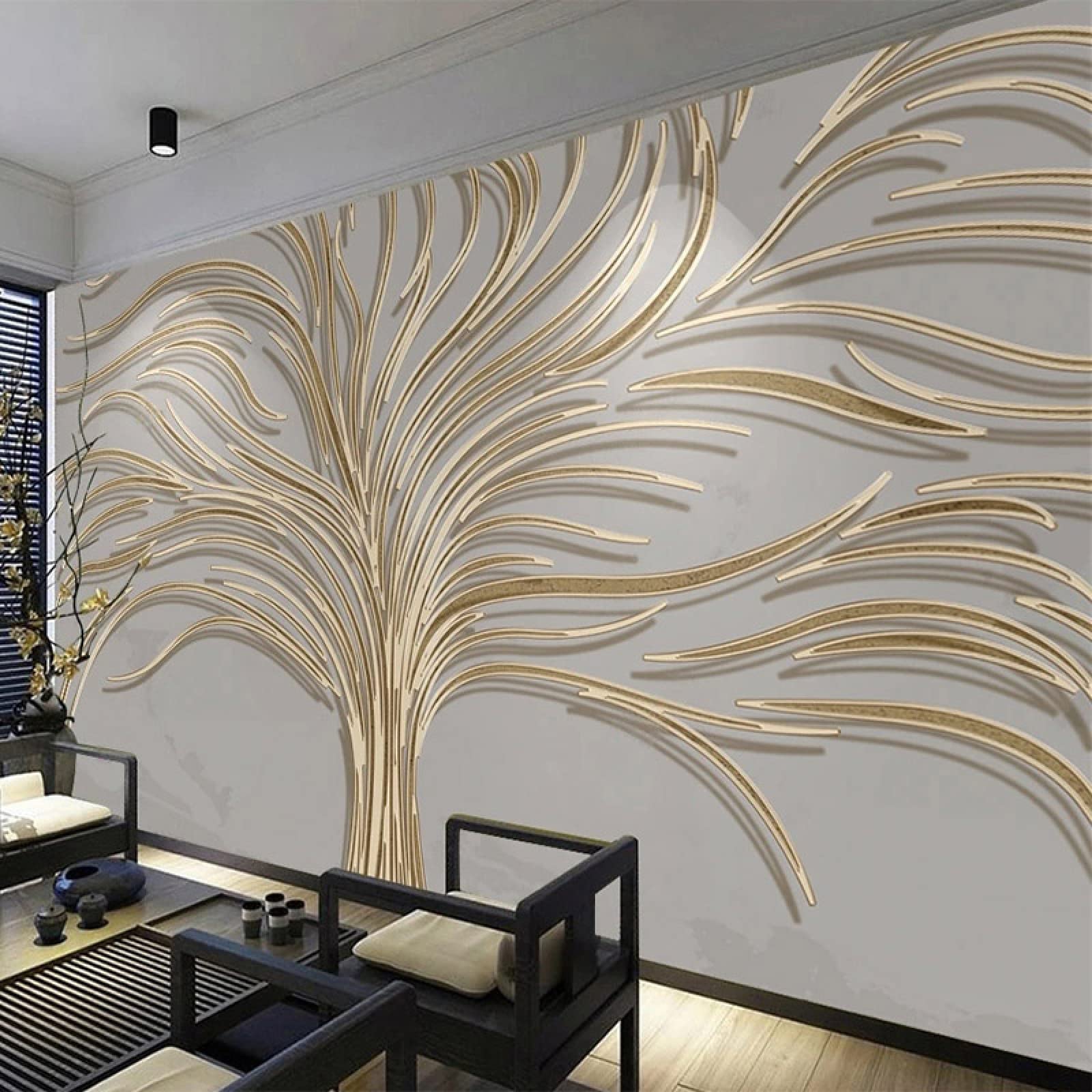 Tree Wall Mural Golden Lines Peel and Stick Self-Adhesive Wallpaper Removable Large Sticker Abstract Art Wall Decor Print Picture Image 98x69 Inch