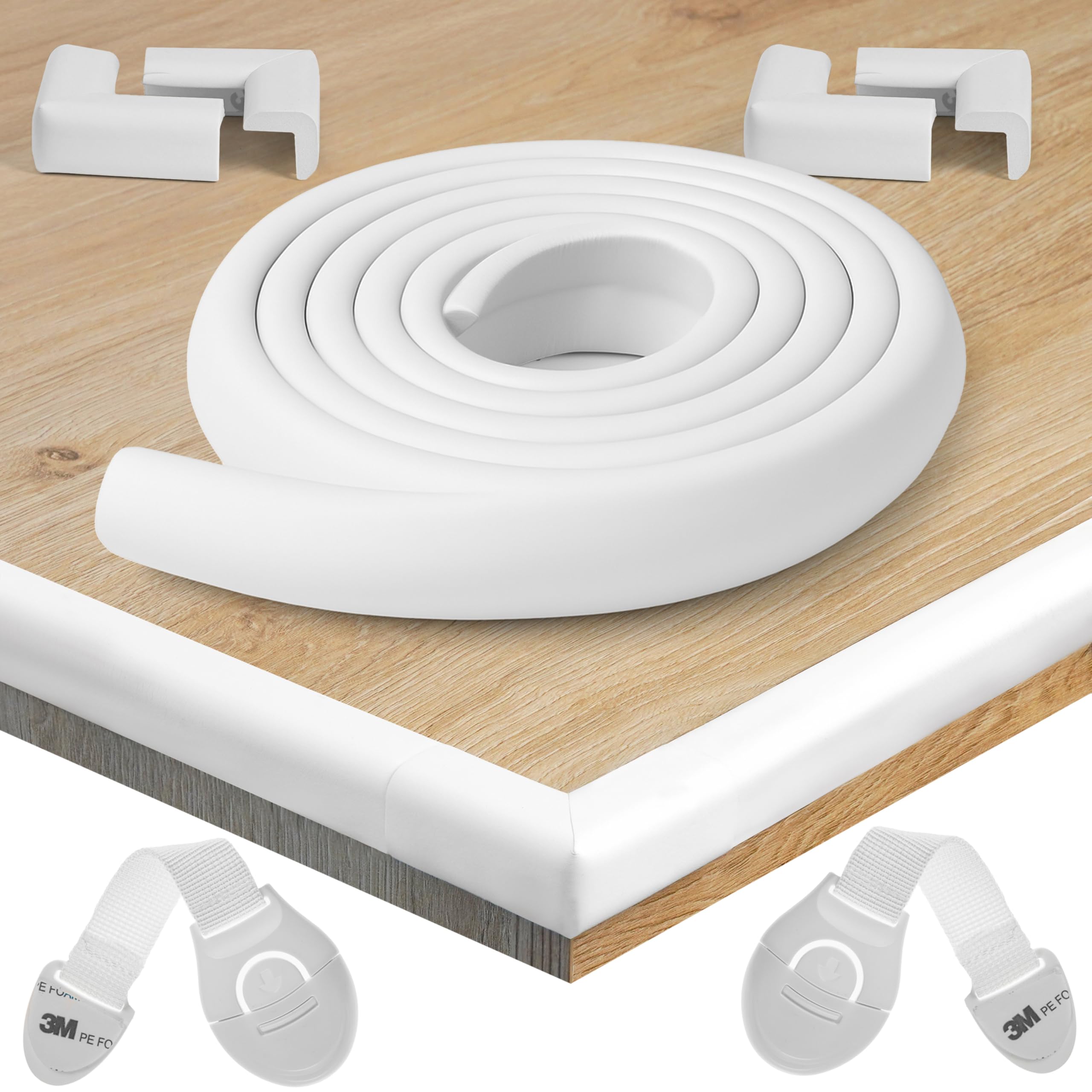 HAPPY CHLEA® Kantenschutz Baby und 4 Eckenschutz aus Schaumstoff. Tischkantenschutz und Eckenschützer: 2,4 M gesamt für Tisch und Möbel Ecken. 2 Schubladensicherung. Zertifikat (Weiß)