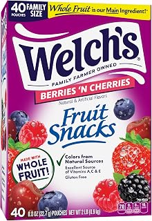 Welch's Berries 'N Cherries Fruit Snacks, Gluten-Free 0.8oz Packs (40 Count) - Real Fruit, Vitamins A, C & E