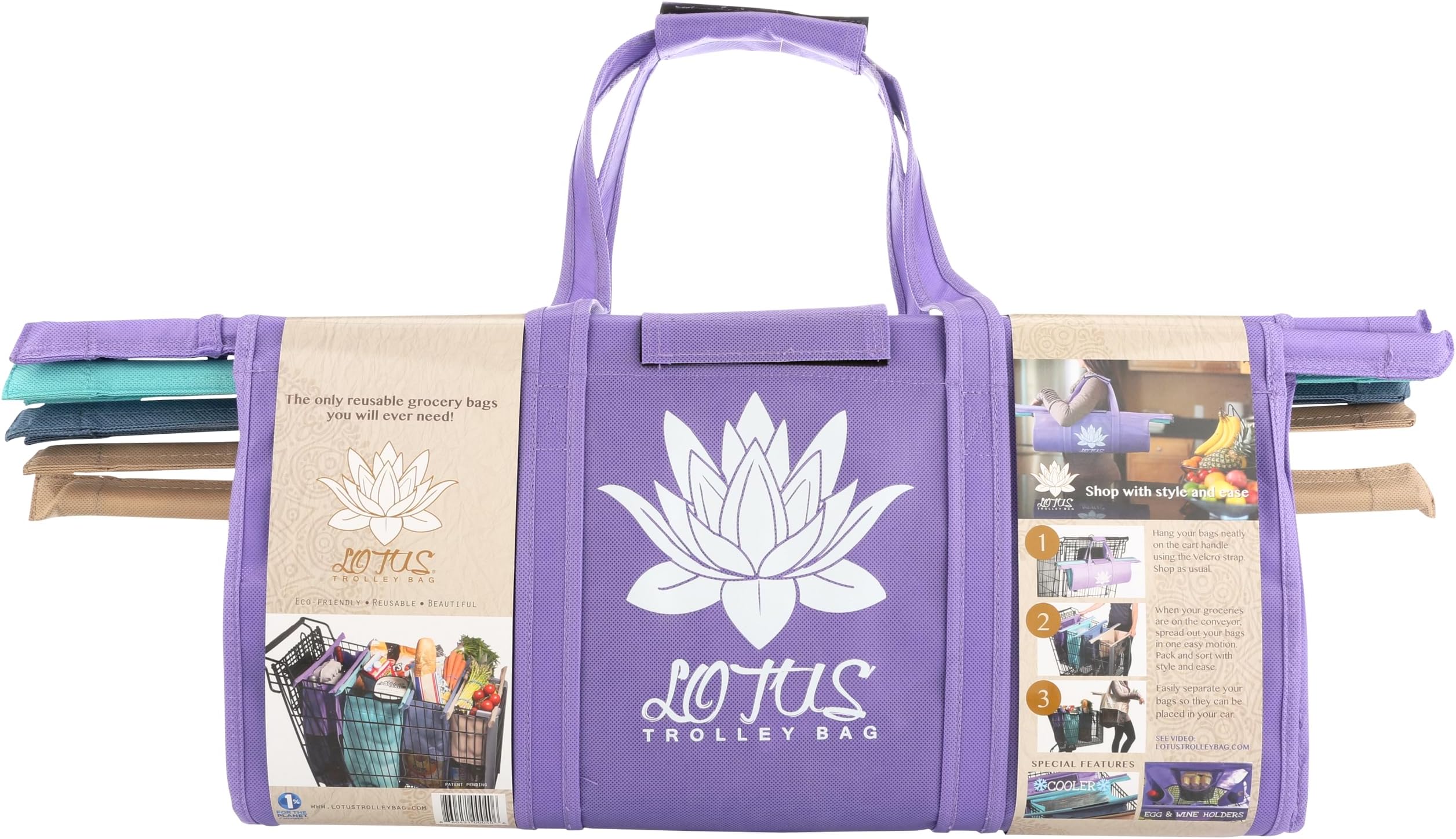 Lotus Trolley Bags -set of 4 -w/LRG COOLER Bag & Egg/Wine holder! Reusable Grocery Cart Bags sized for USA.