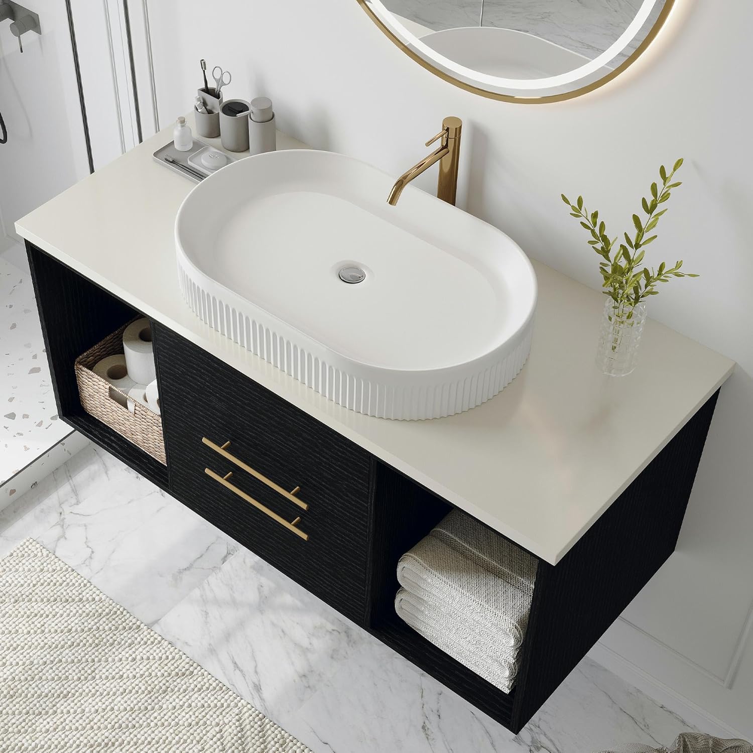 Glintee 40" Modern Floating Bathroom Vanity with Premium AAA Grade Ceramic Sink, Wall-Mounted Solid Wood Cabinet, 2 Drawers & 2 Open Cubes, Black, Easy Assembly
