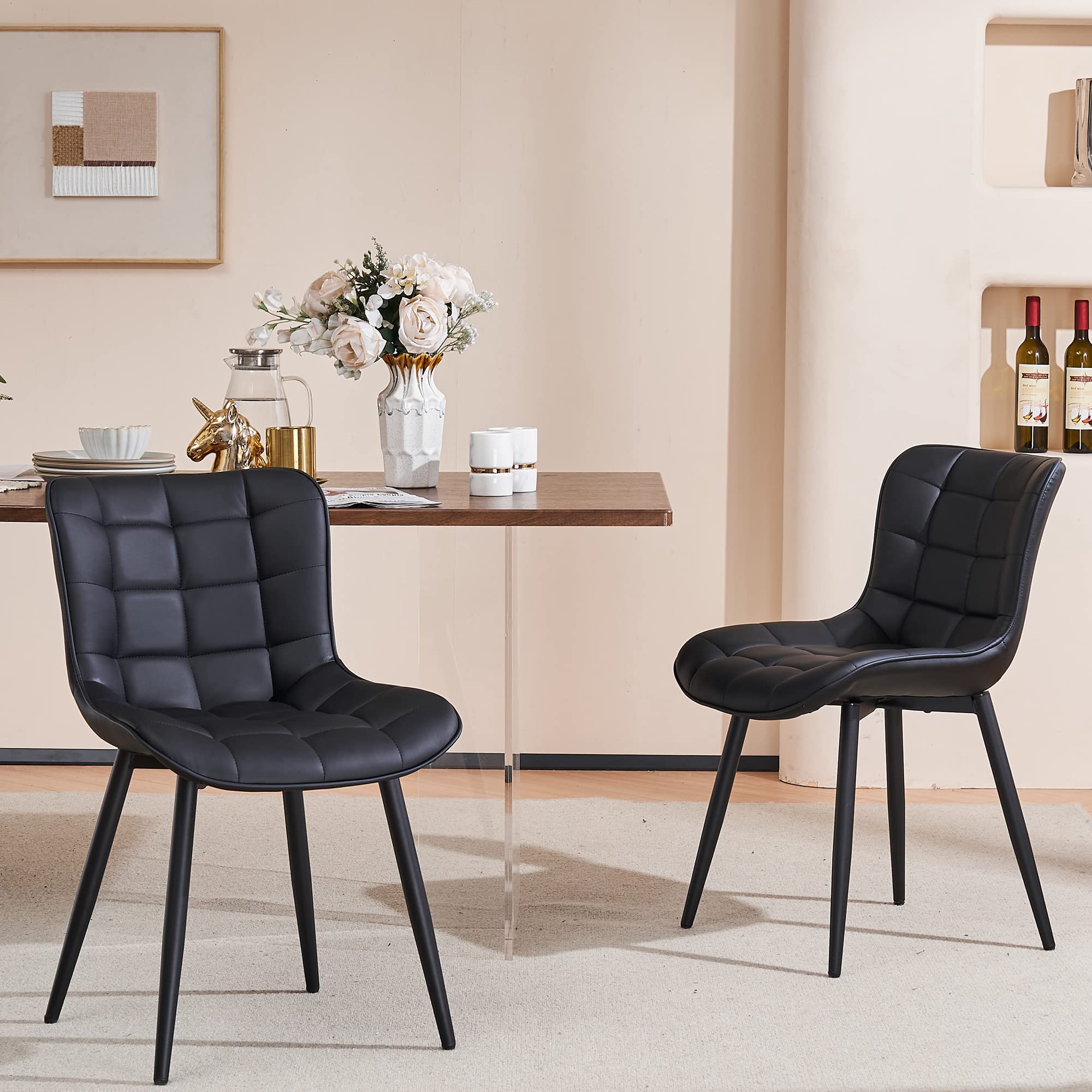 YOUTASTE Black Dining Chairs Set of 2 PU Faux Leather Upholstered Kitchen Dining Room Chairs Thick Padded High Back Black Metal Legs Bar Stool Living Room Lounge Accent Chair for Home Bedroom