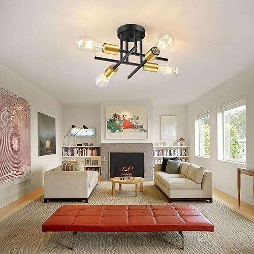 Miniatura 6 de EGM Candelabro Sputnik moderno de 4 luces, lámpara de techo negra de mediados de siglo, luces de techo semiempotradas para comedor, dormitorio,