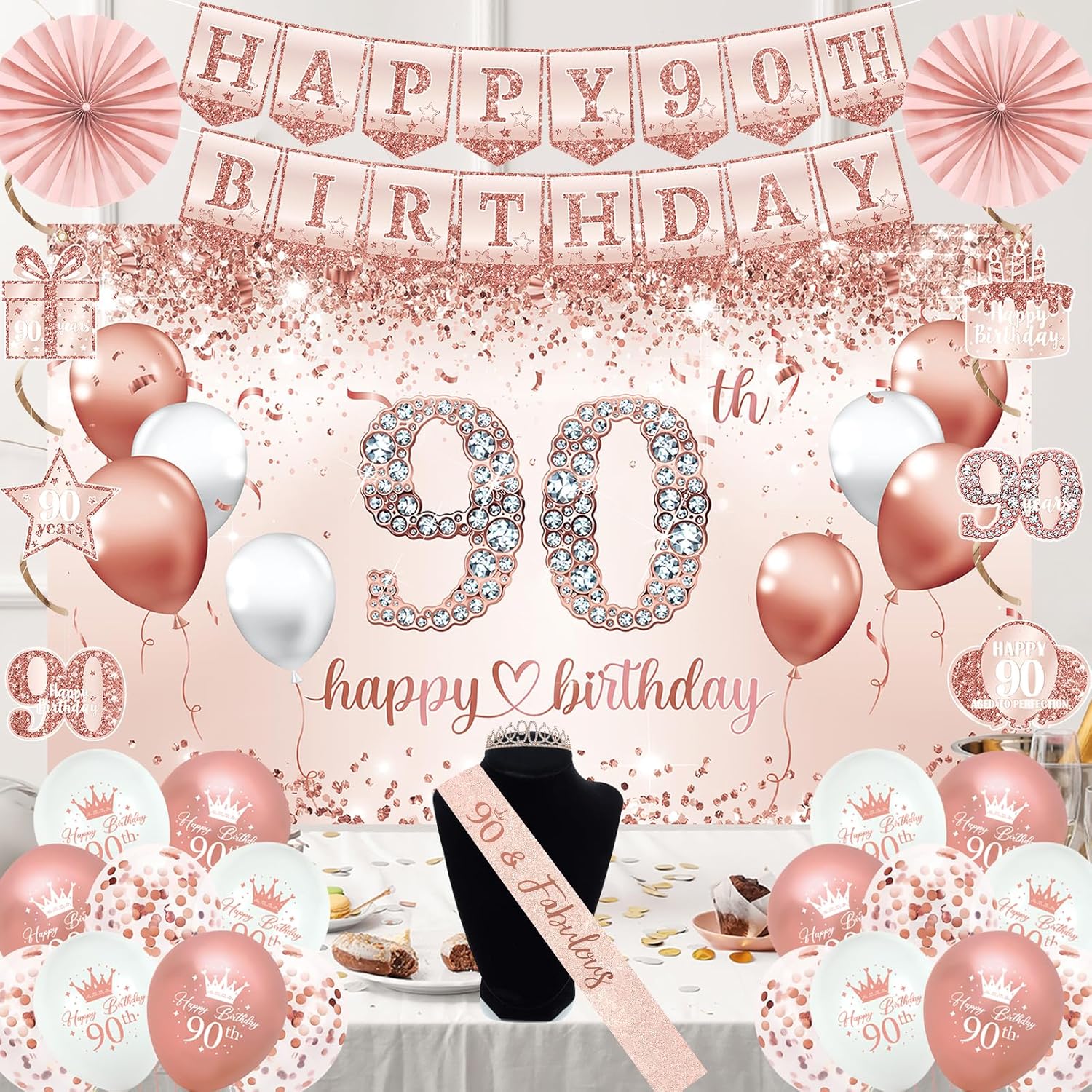 Trgowaul 90th Birthday Decorations for Women, 30pcs Rose Gold Happy Birthday Party Supplies, 90th Crown and Sash, Banner, Hanging Swirl Flag, Balloons, 90 Year Old Party Decoration Set - Image 6
