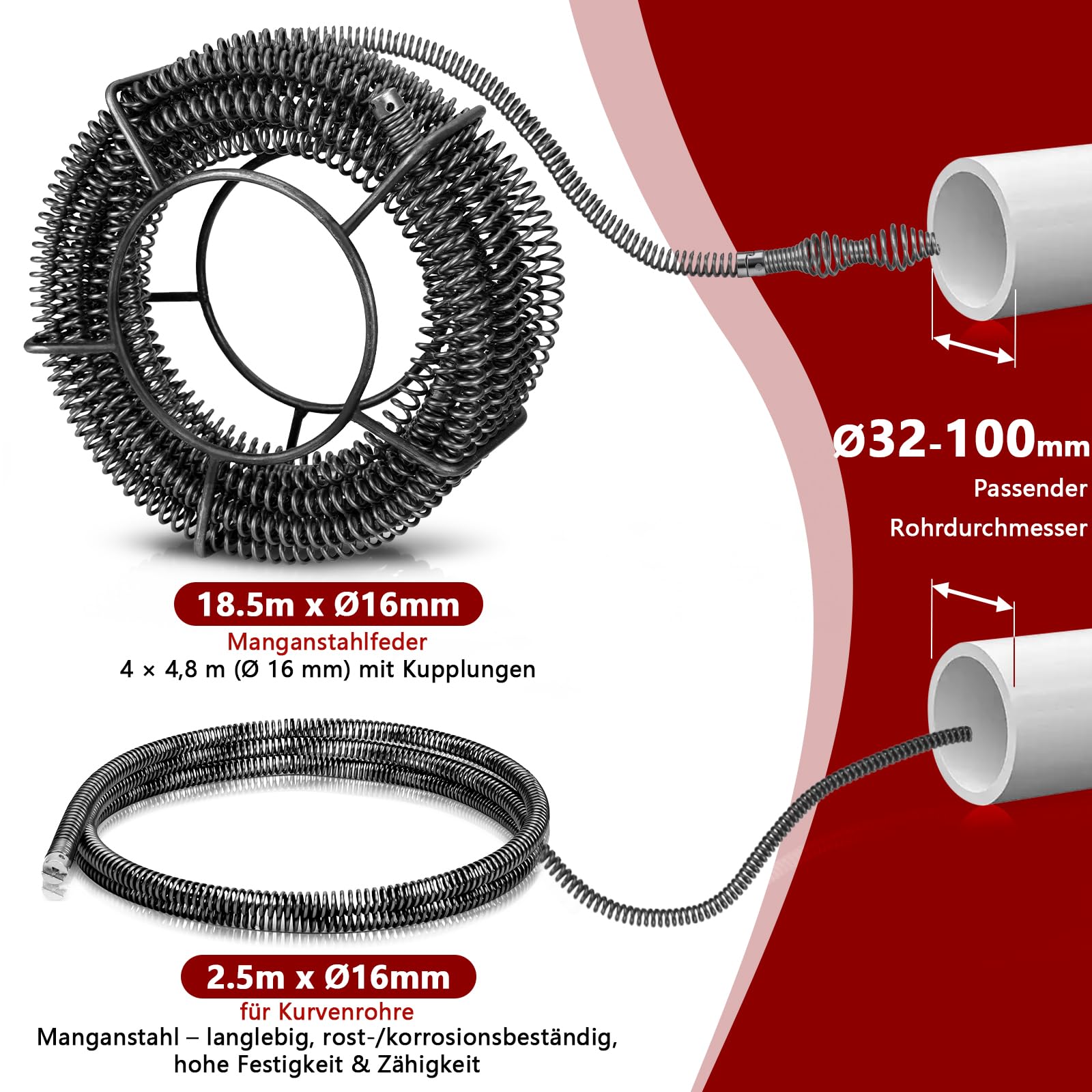 500W Elektrisch Rohrreinigungsmaschine mit 13X köpfe Ø16mm 21M + Ø10mm 5M | f. Ø30-100 mm Rohrleitungen, 450 U/m, Elektrisch Rohrreinigungsgerät Rohrreiniger Reinigung Abflussreiniger Rohrreinigung