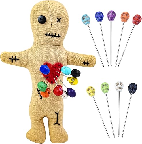 Miniatura 8 de Kit de 10 muñecas de vudú, muñecas de vudú reales con 9 pines de calavera, espeluznante, fantasma, hechizos de venganza, muñeca vudú, muñeca de Beige