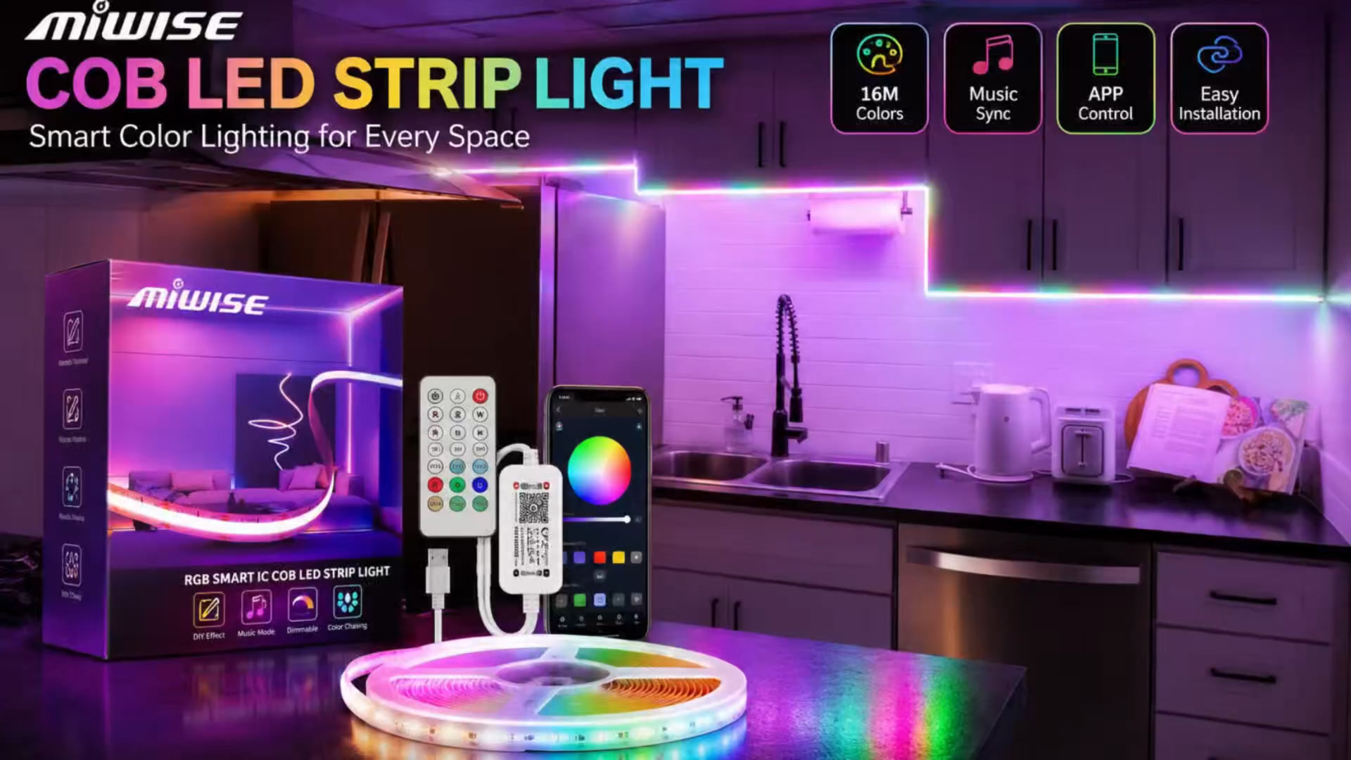 Image of MIWISE LED Strip Lights,RGB Smart IC COB LED Strip Light Color Chasing,24ft Multicolor Flexible LED Tape Light,Music Sync with APP Control,Addressable DIY 16M Colors,for Cabinet,Bedroom,Party Decor