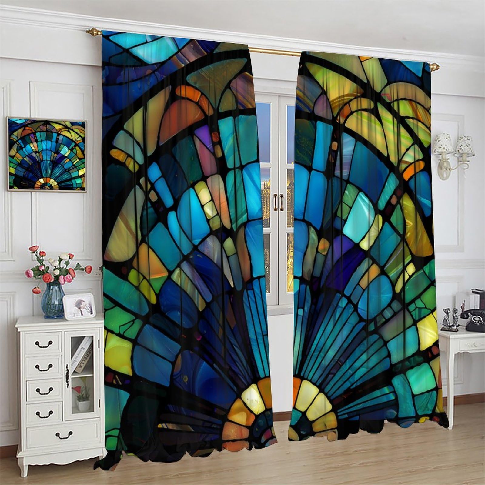 Amazon｜JanJCurt ステンドグラスウィンドウカーテン、レトロな抽象的