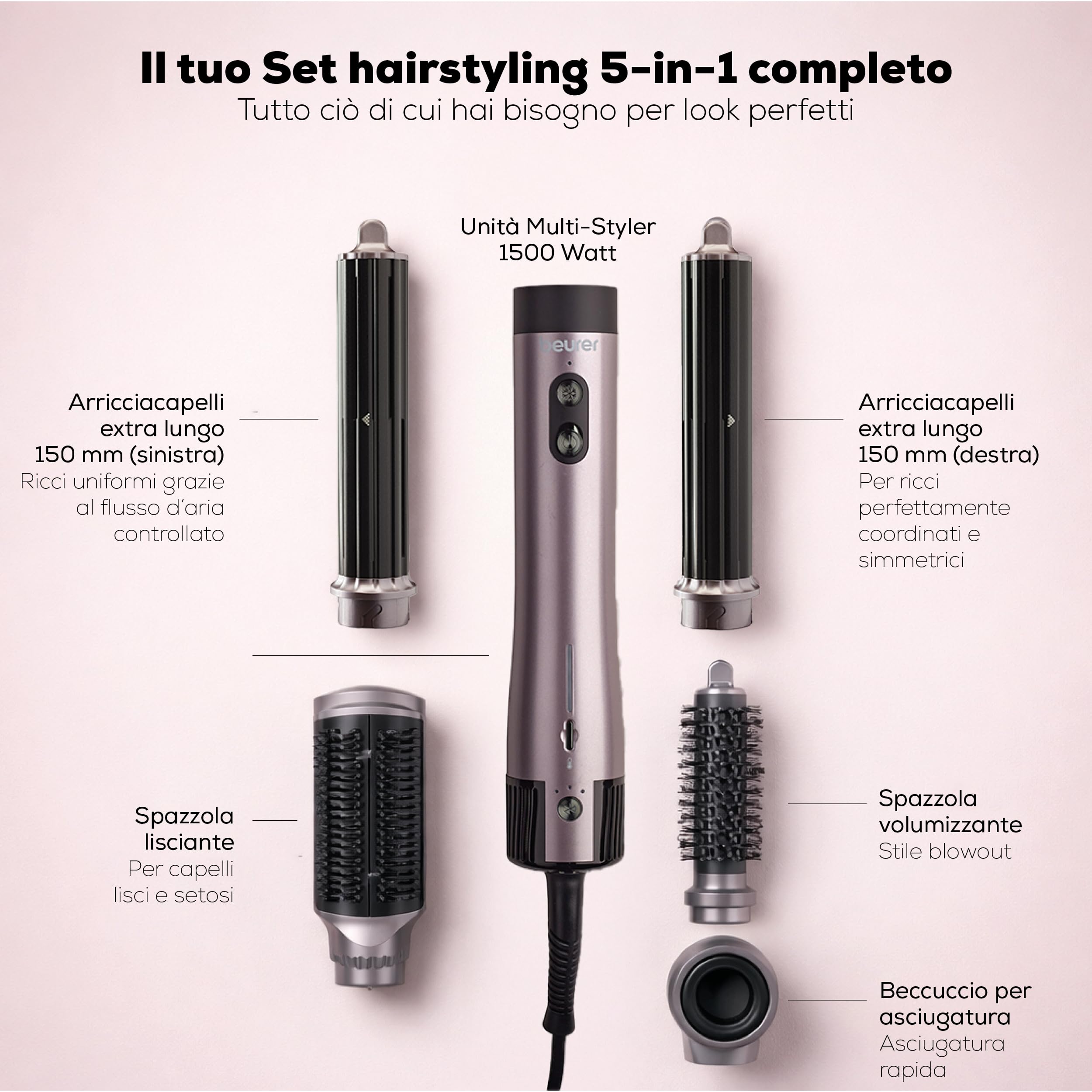 Beurer HT 110 Airstyler 5 in 1, Styler multifunzionale per capelli per boccoli, lisciatura e volume, styling delicato per tutti i tipi di capelli, ceramica-tormalina, tecnologia agli ioni, 5 accessori