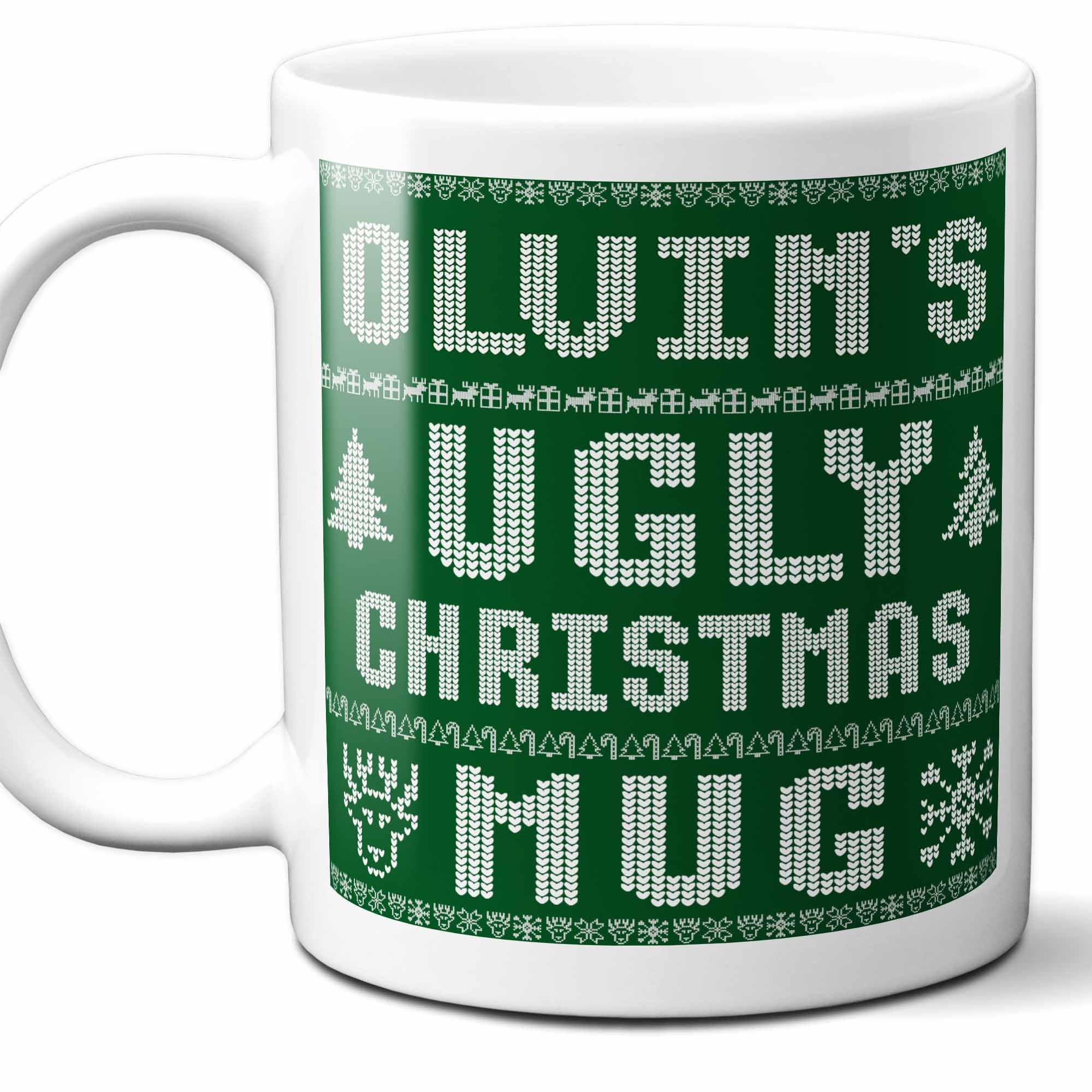 Olvin Name Christmas Gift. Personalized Ugly Christmas Sweater Coffee Mug. Funny Custom Xmas Gift, Stocking Stuffer For Friends, Coworkers And Person Who Has Everything. 11 Ounces.