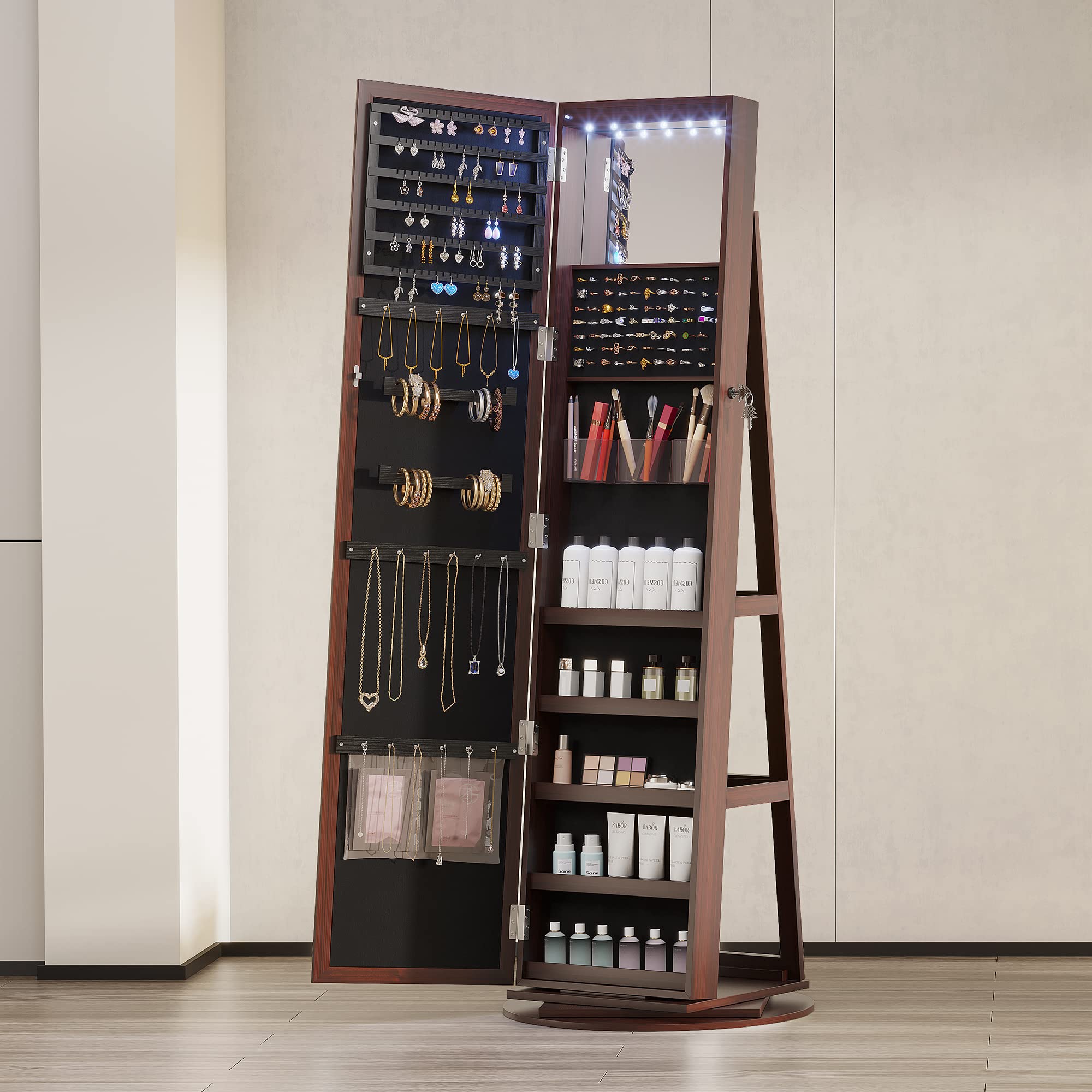 Kasibie Full Length Mirror Jewelry Armoire with LED Lights, Standing Mirror with Jewelry Storage