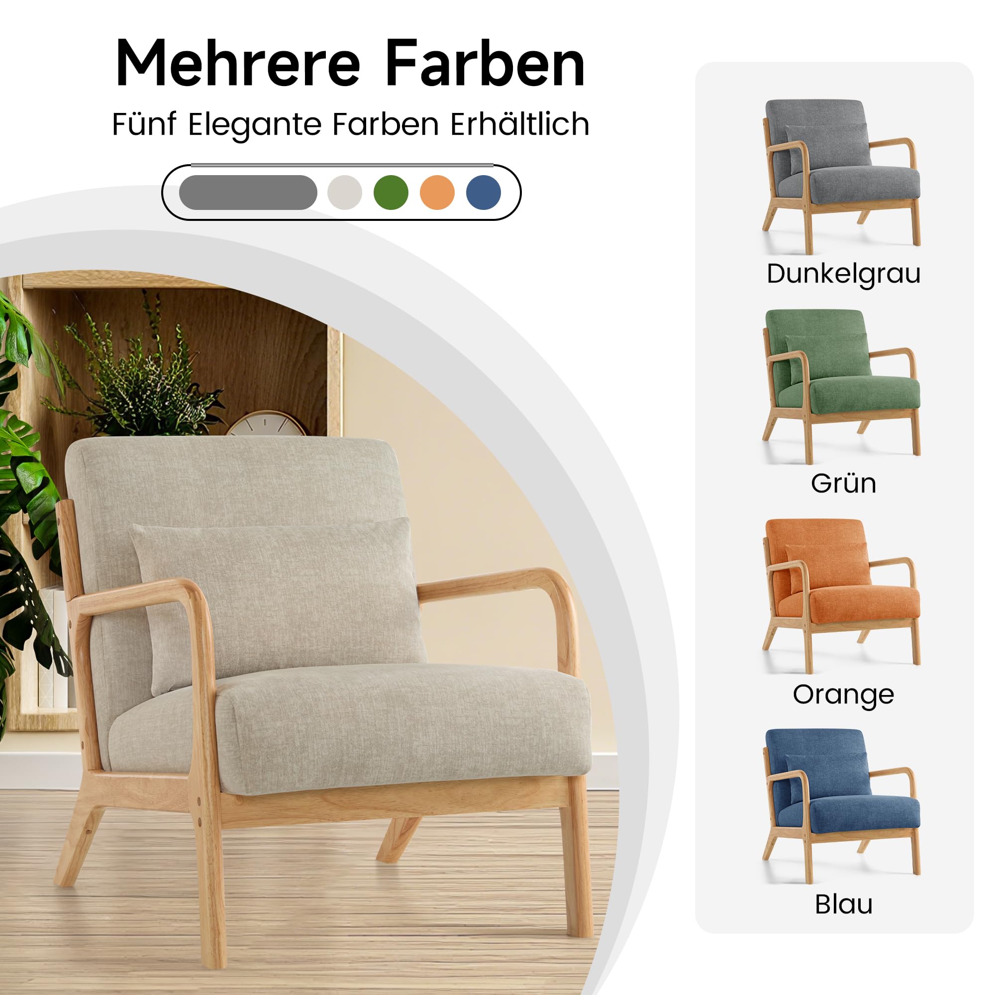 2er-Set Accent Sessel mit Kissen, Moderner Polstersessel für Wohnzimmer,Lounge-Stuhl mit Armlehnen&Holzrahmen, bequemer Lesesessel, Stoff Hellgrau