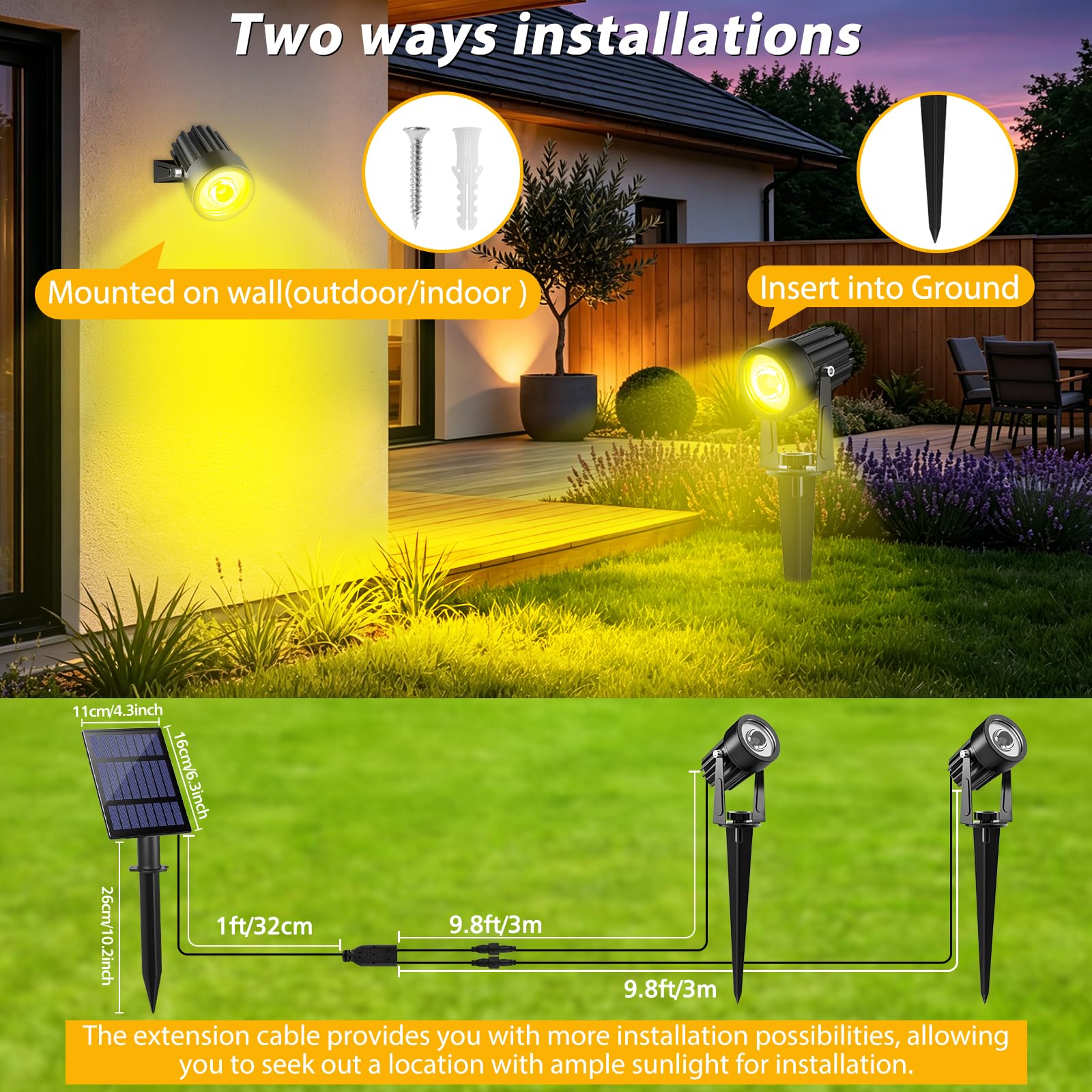 T-SUNUS Lampada solare per esterni da giardino, faretto solare per esterni caldo, con 2 modalità di illuminazione, cavo 3 metri, auto ON/OFF, IP65 impermeabile per sentiero alberi vialetto Halloween