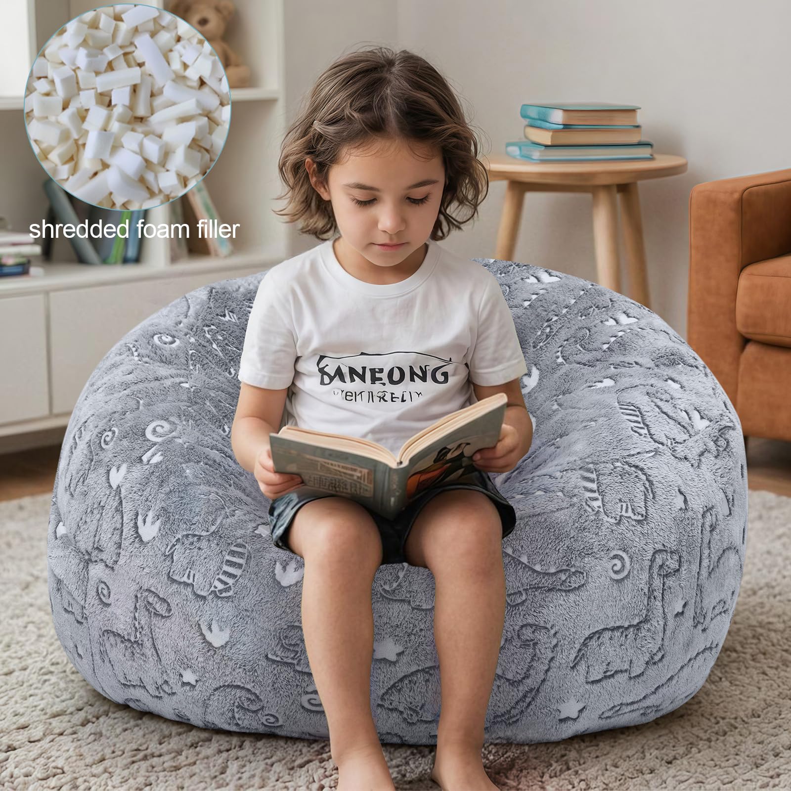 Kids Bean Bag Chair Turn into Beanbag Bed, Dinosaur Toddler Bean Chair for Girl Boy Sleeping, Lazy Children Bean Bags with Filler, Convertible Child Floor Mattress, Grey Dino