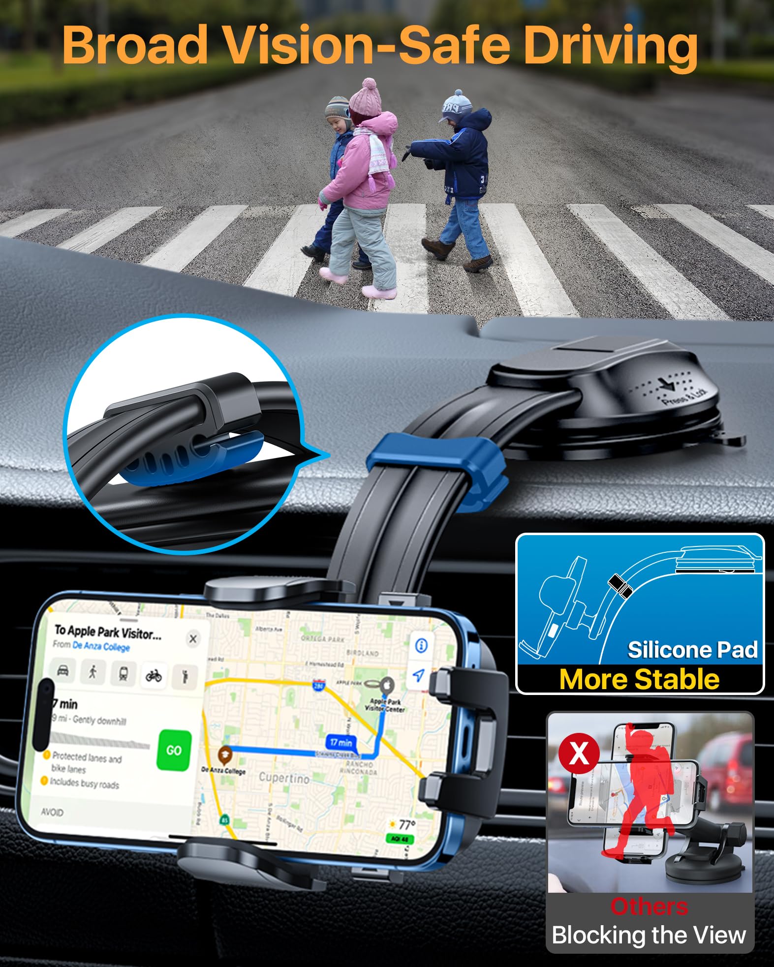 HTU Soporte de teléfono de coche con ventosa más fuerte mejorado, brazo flexible, nunca bloquea la vista, soporte giratorio para salpicadero y parabrisas, soporte de cuna para iPhone 17, 16, 15, 14