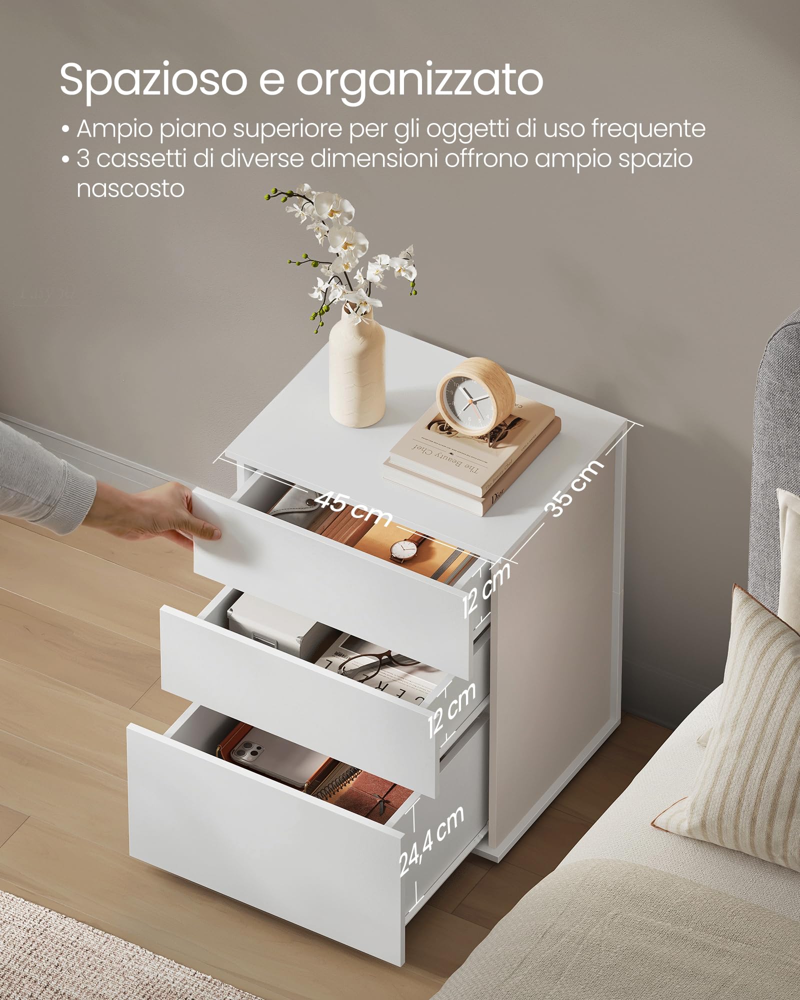 VASAGLE Comodino, Montaggio Rapido Senza Attrezzi Toolless, Tavolino da Letto con 3 Cassetti, Moderno, per Camera da Letto e Soggiorno, Bianco Opaco e Beige Cappuccino LET778W01