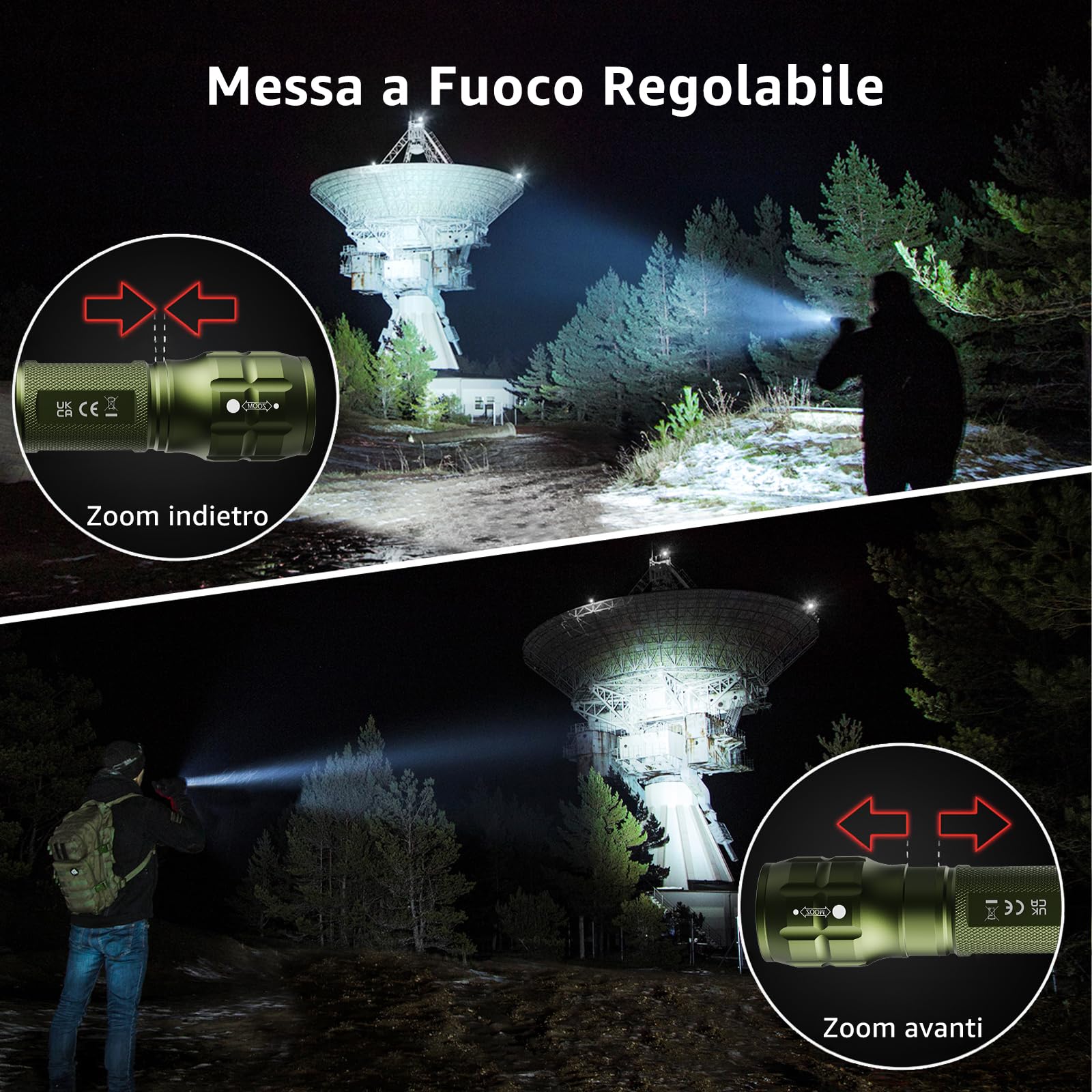 LE Torcia LED Potente Professionale LE1000,Torcia Scout da Impermeabile IPX4 da Pila LED,Torcia Tattica Militare Zoomabile,Adatta per Campeggio Emergenza Bambini,Verde 2 Pezzi (6 Batterie AAA Incluse)