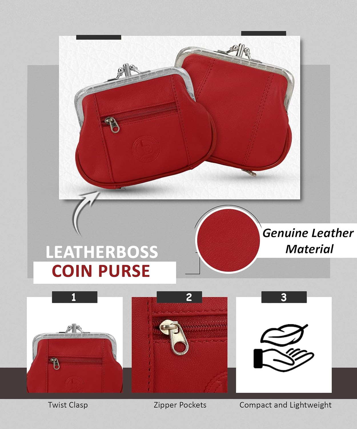 Women's Leather Metal Frame Double Clasp Zipper Coin Purse 5 1/4" x 3 1/4" (Red) - Image 7