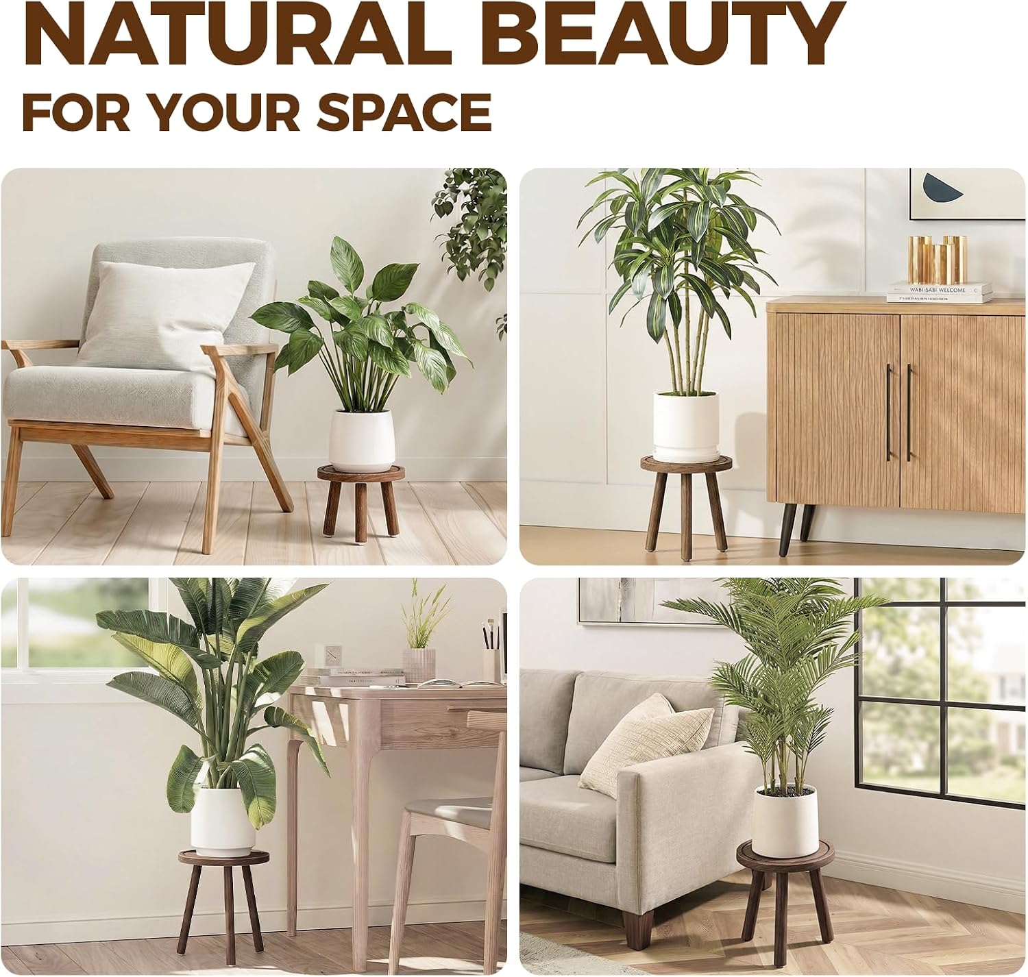 Bamworld Plant Stands Indoor 3 Pack Single Plant Stand for Multiple Plants Corner Plant Stool Wooden Plant Stands for Patio Garden Balcony Living Room Bedroom(Brown)