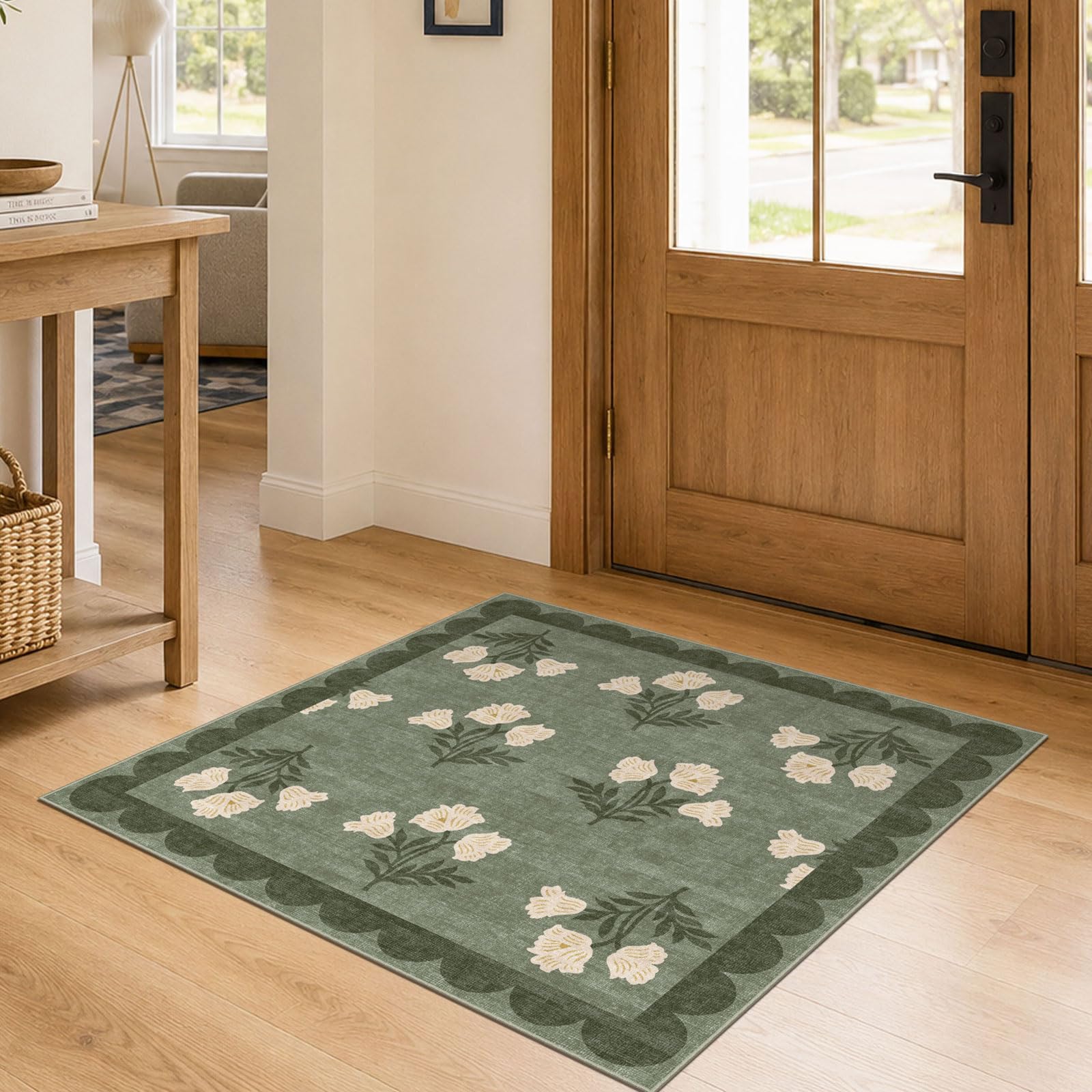 Othilic 3x3 Square Entryway Rug - Non-Slip Washable Front Door Mat Indoor Outside Entrance Small Porch Rug Sage Green Cottage Scalloped Throw Rugs for Entryway Kitchen Bedroom Office Front Porch Decor — image 1